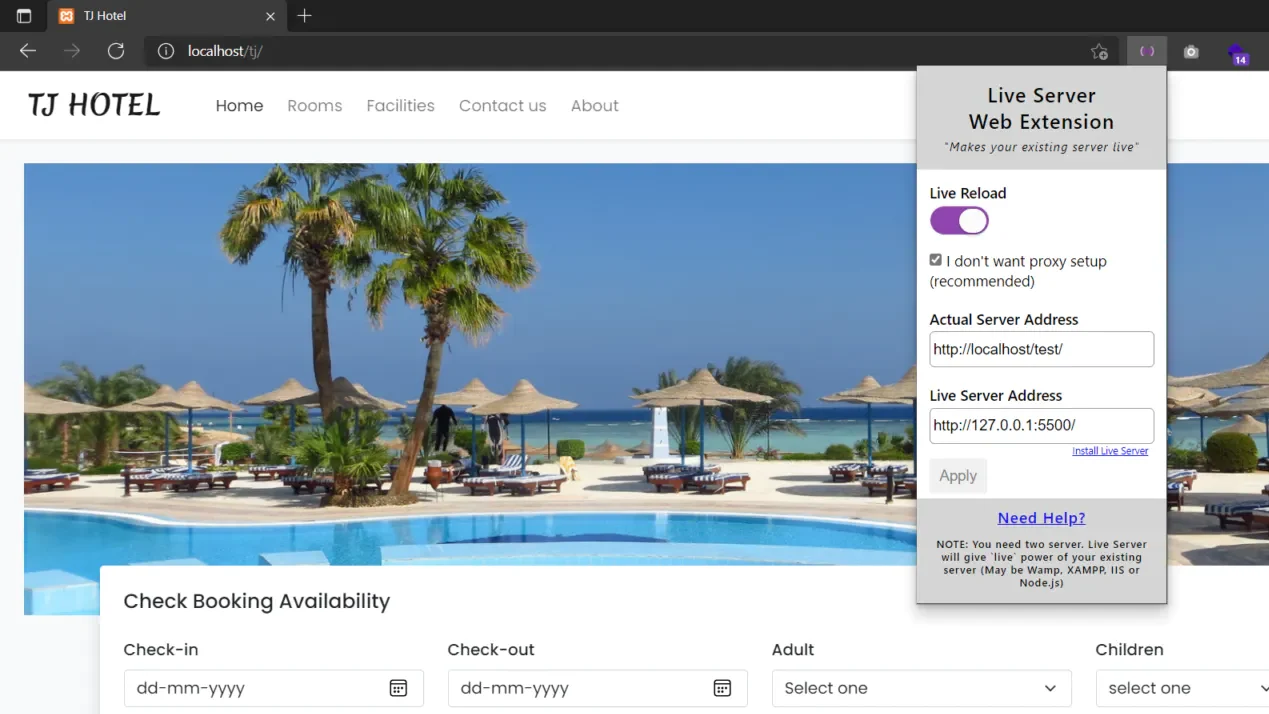 live server panel on browser