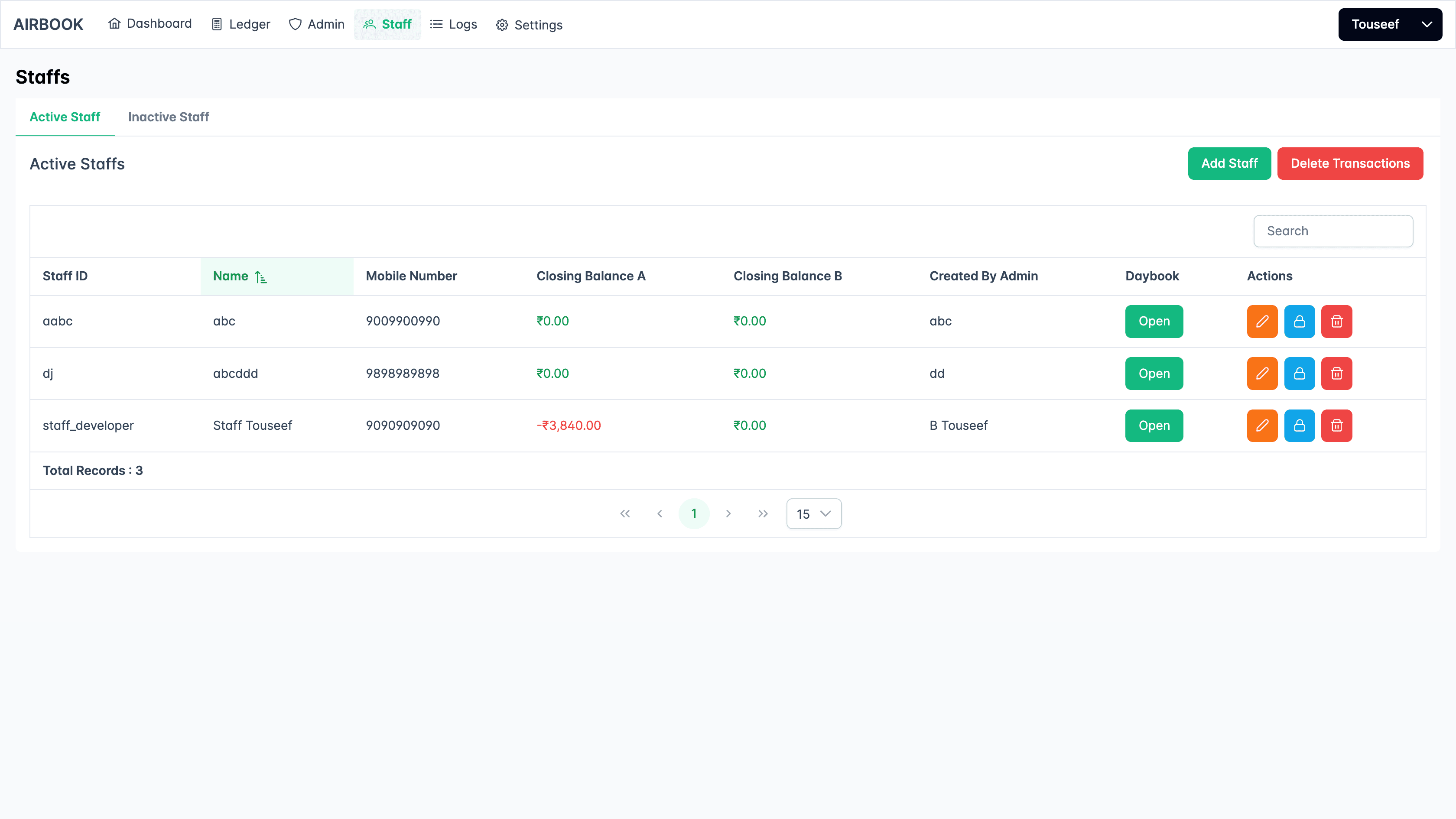 Staff/Employee management page