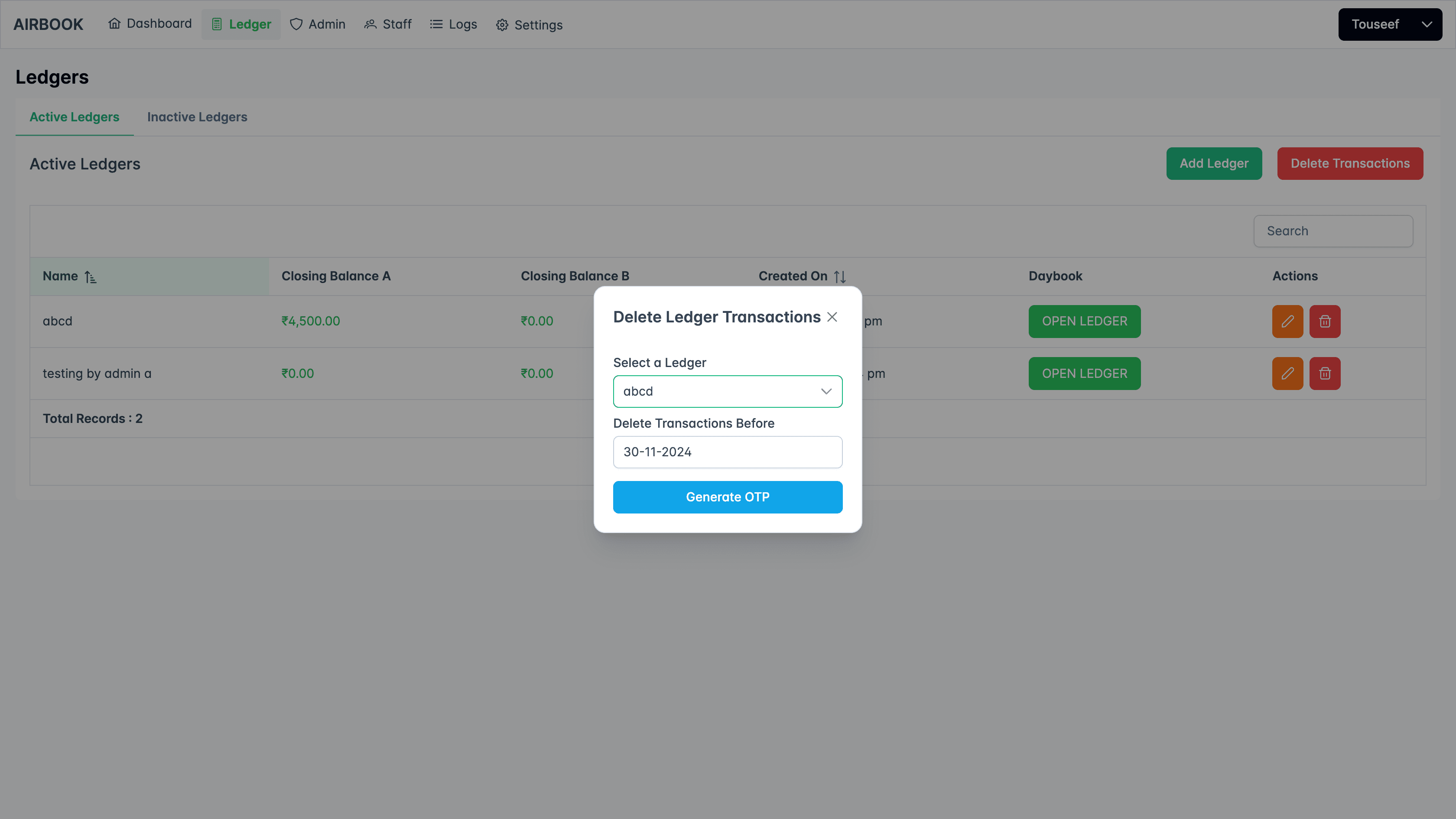 Delete ledger transactions