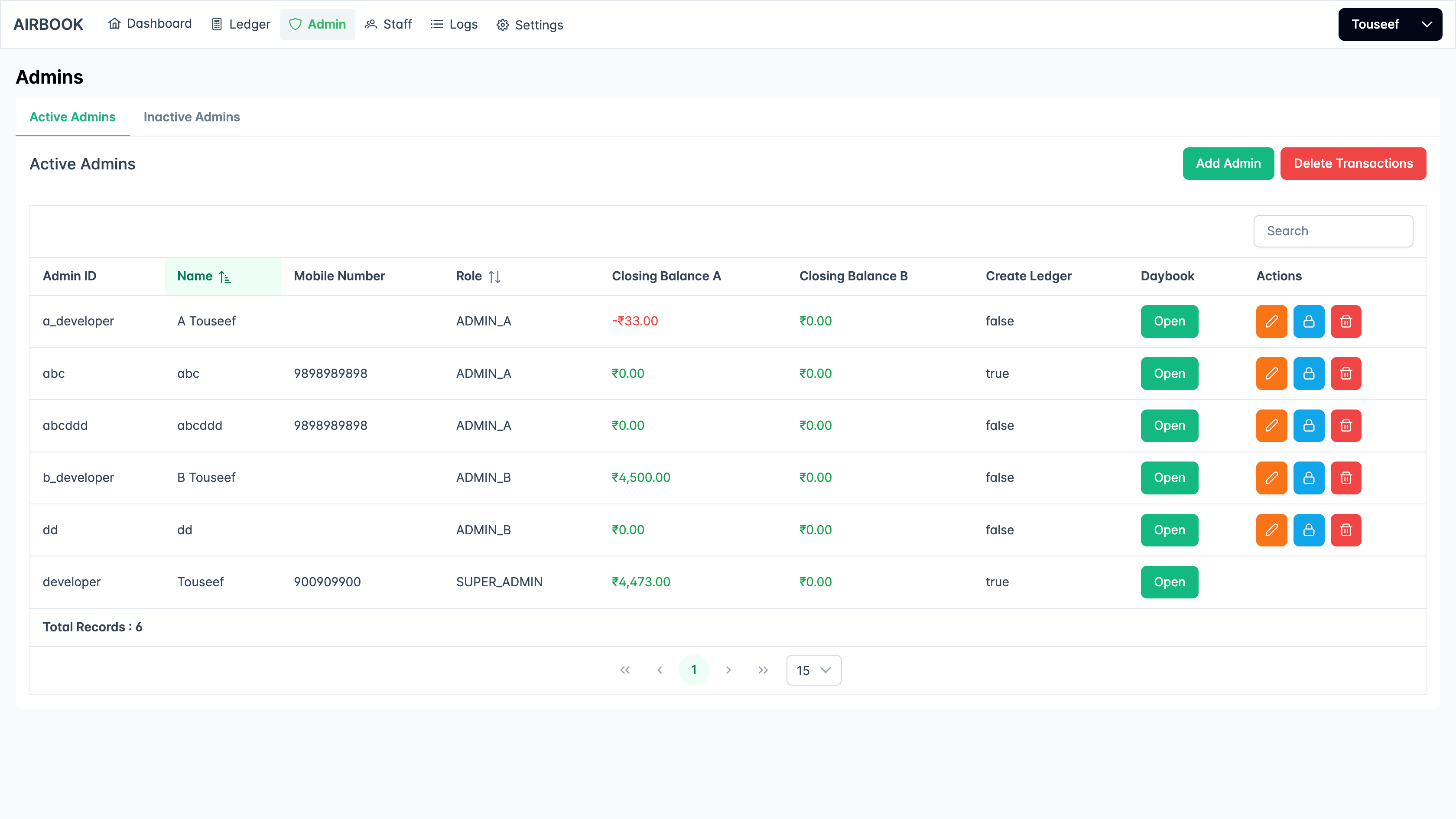 Admin management page