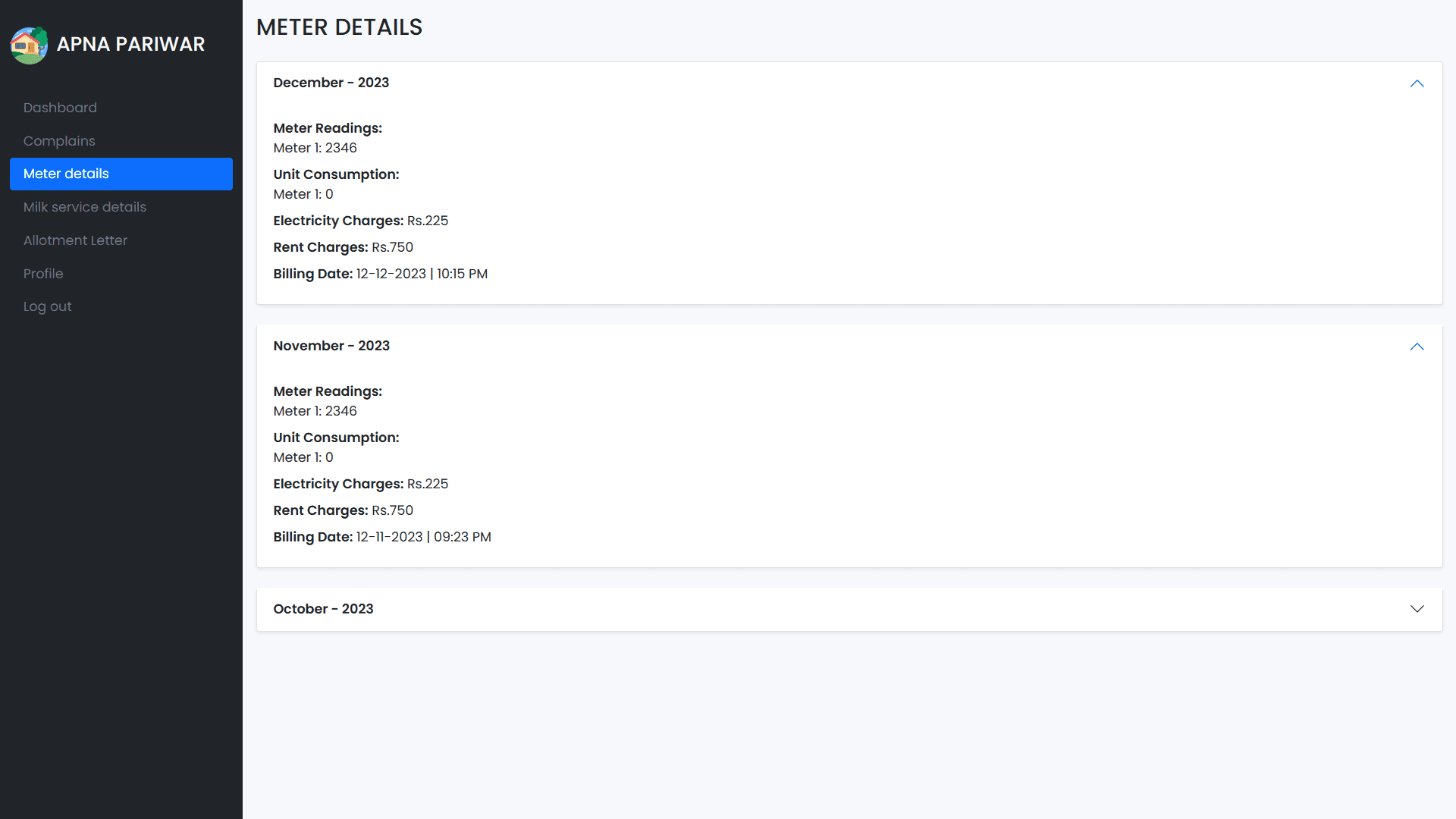 Electricity billing page