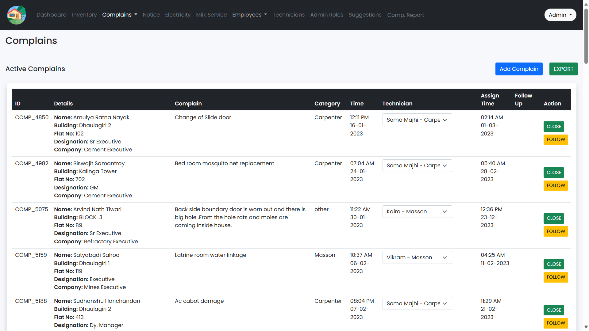 Complaint management page