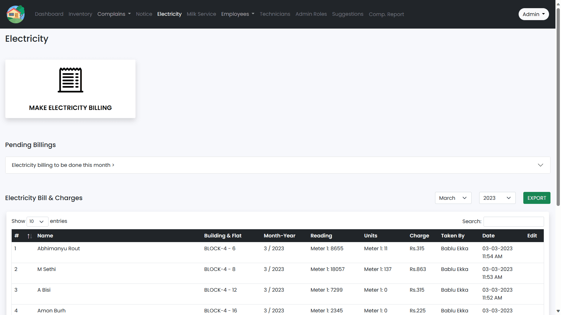 Electricity billing page