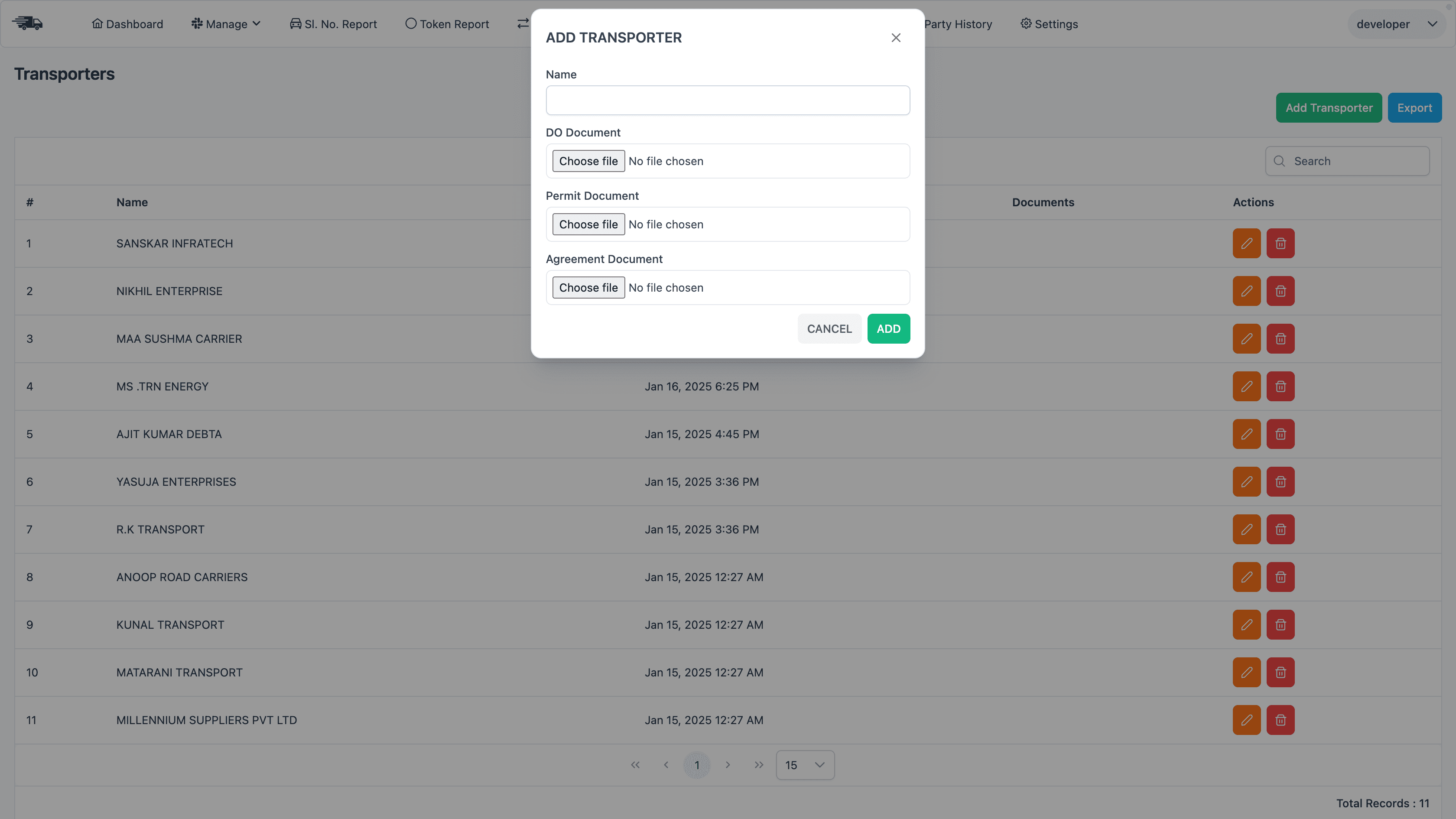 Add transporter form