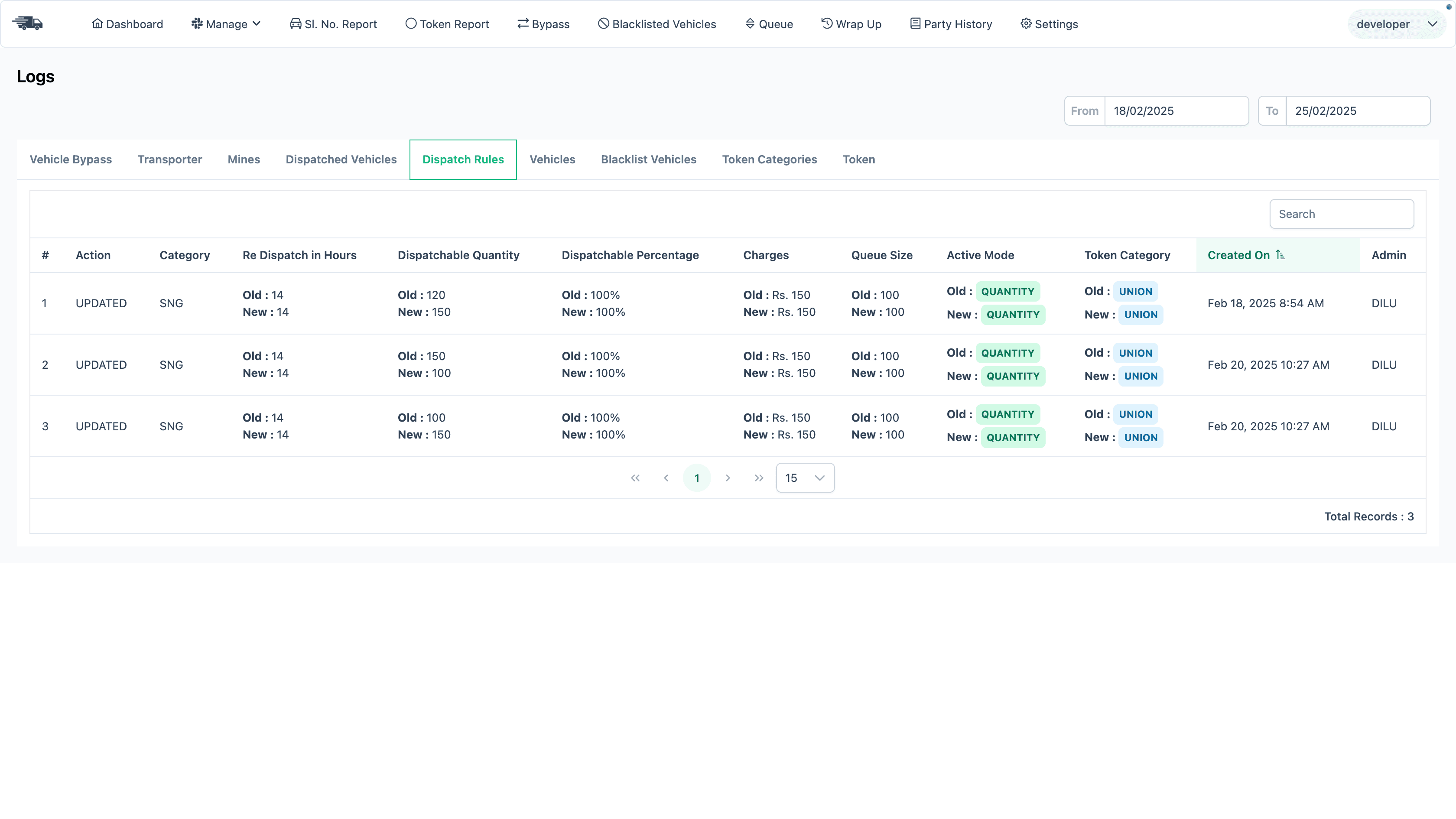 Logs page - Settings logs