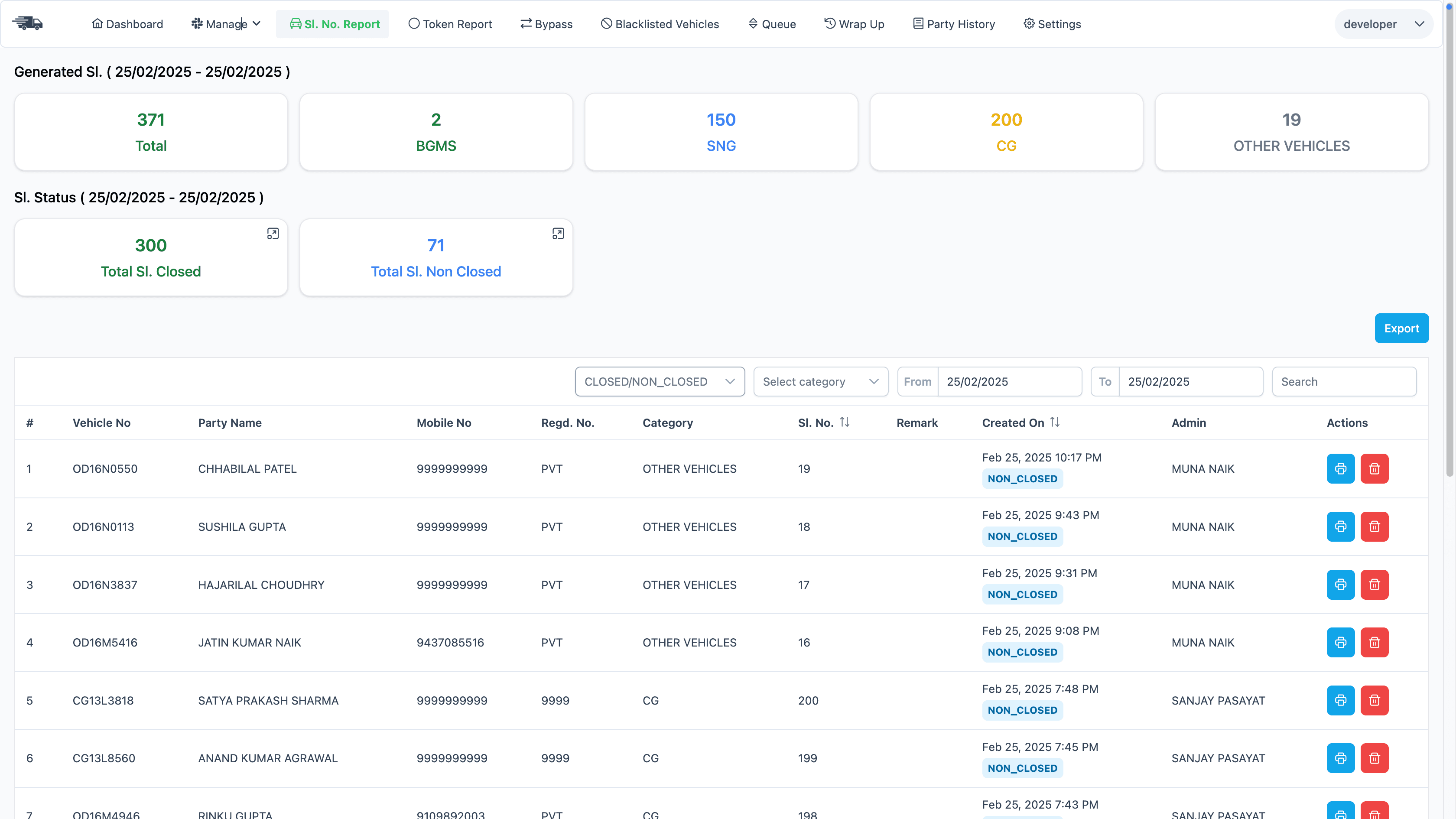 Serial number report page with stats