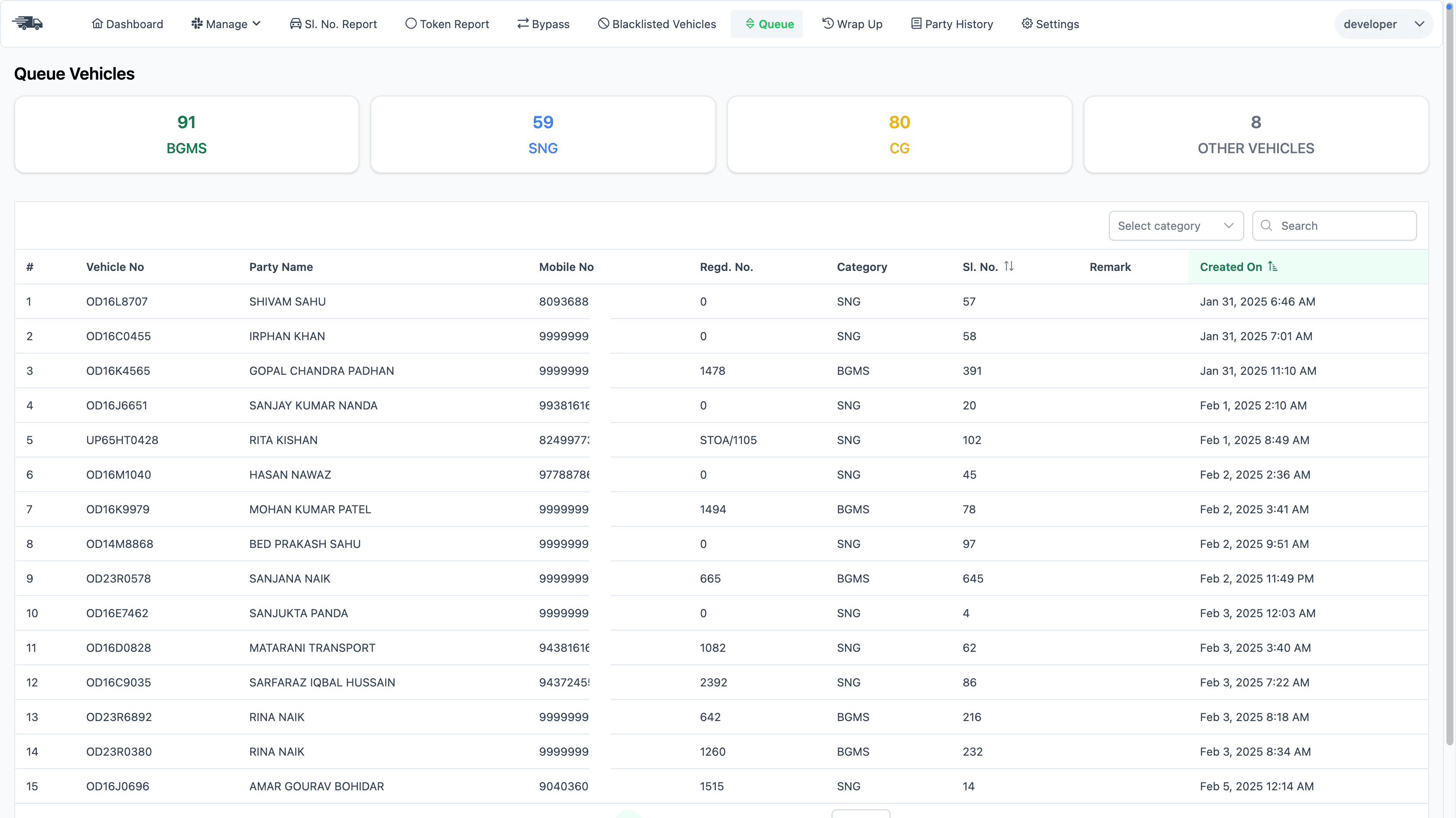 Vehicle Queue for token generation