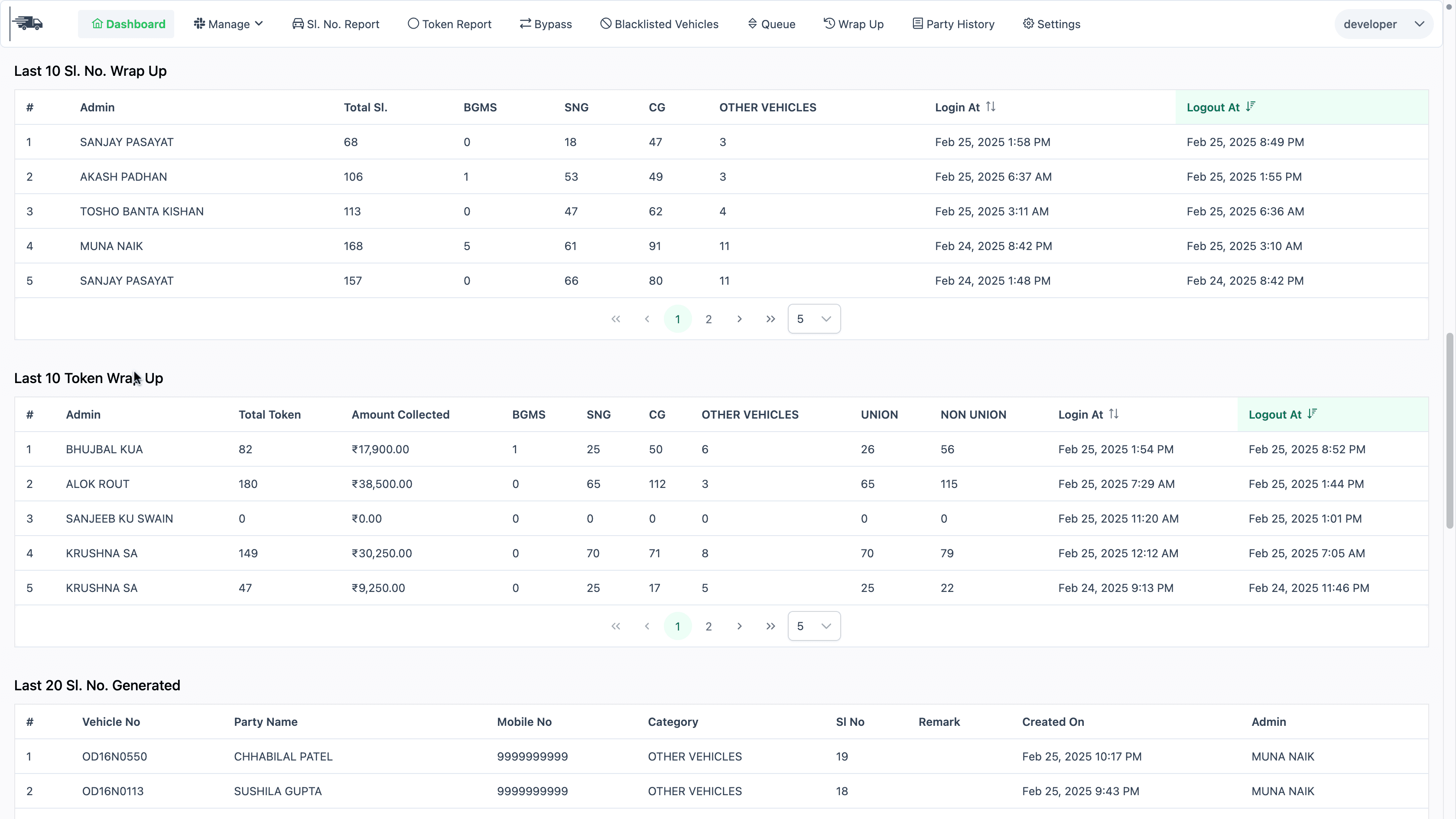 Last 10 or 20 serial or token generation stats