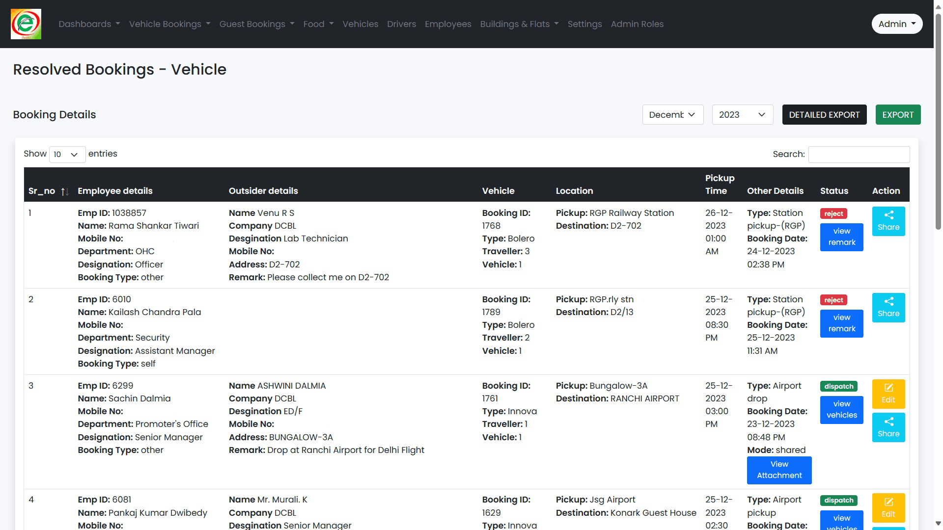 Resolved vehicle bookings