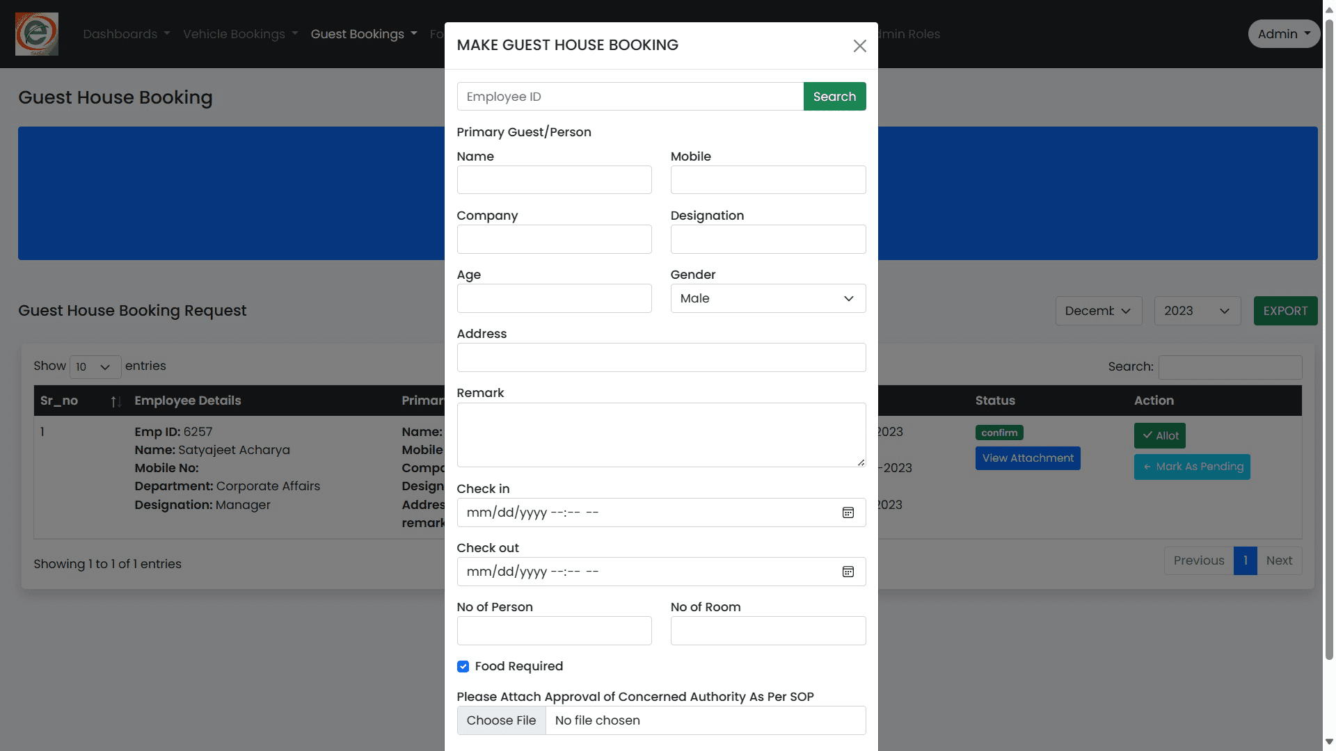 Guest house booking form