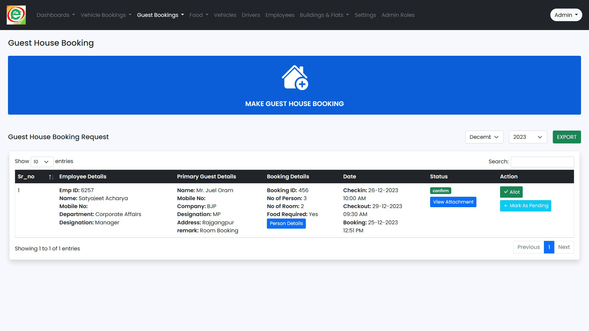 Guest house bookings