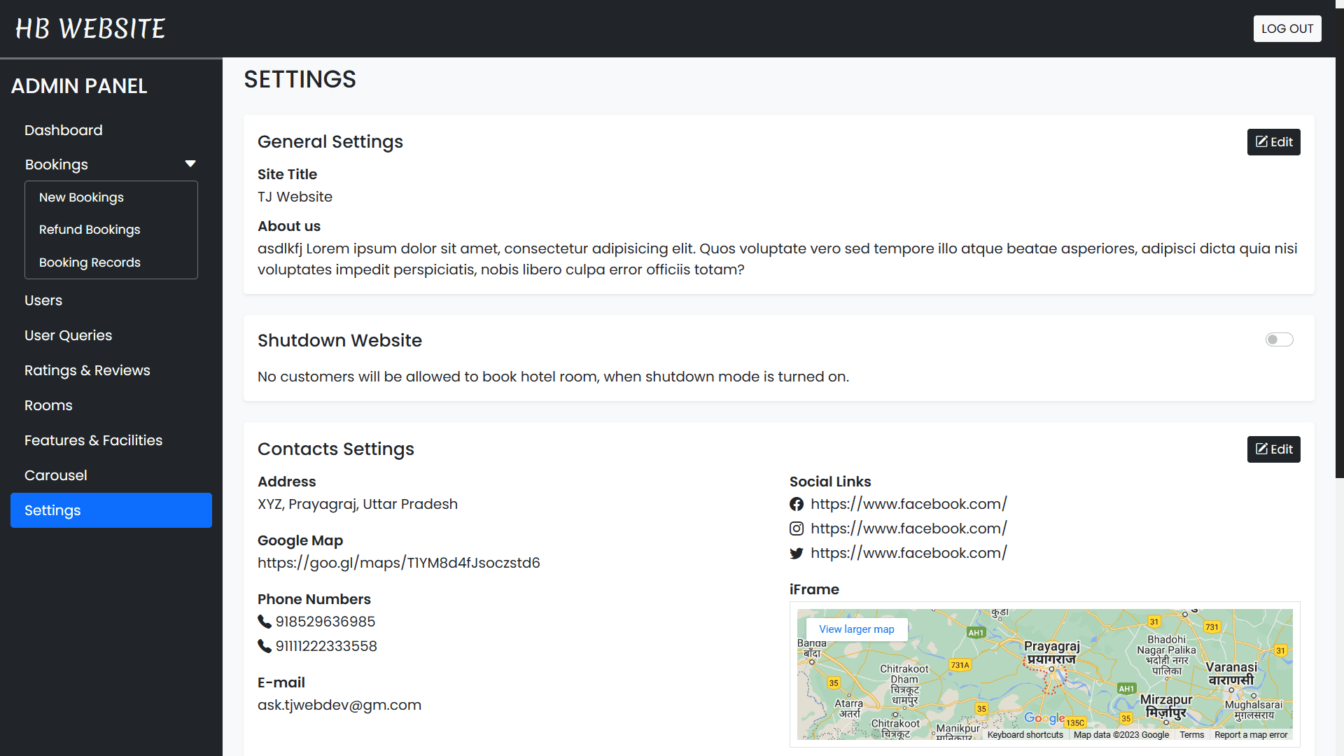 Settings page