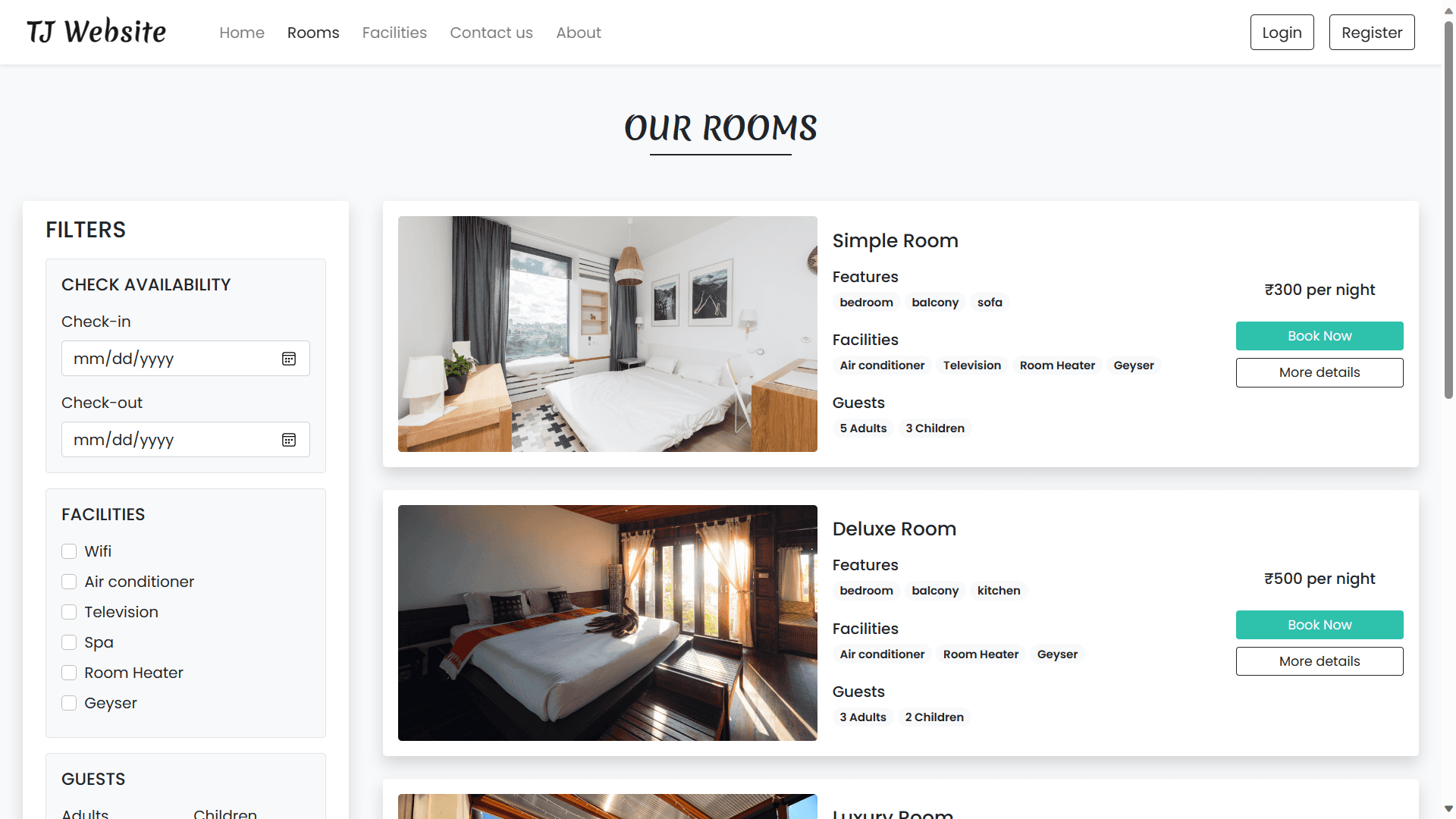 Rooms page