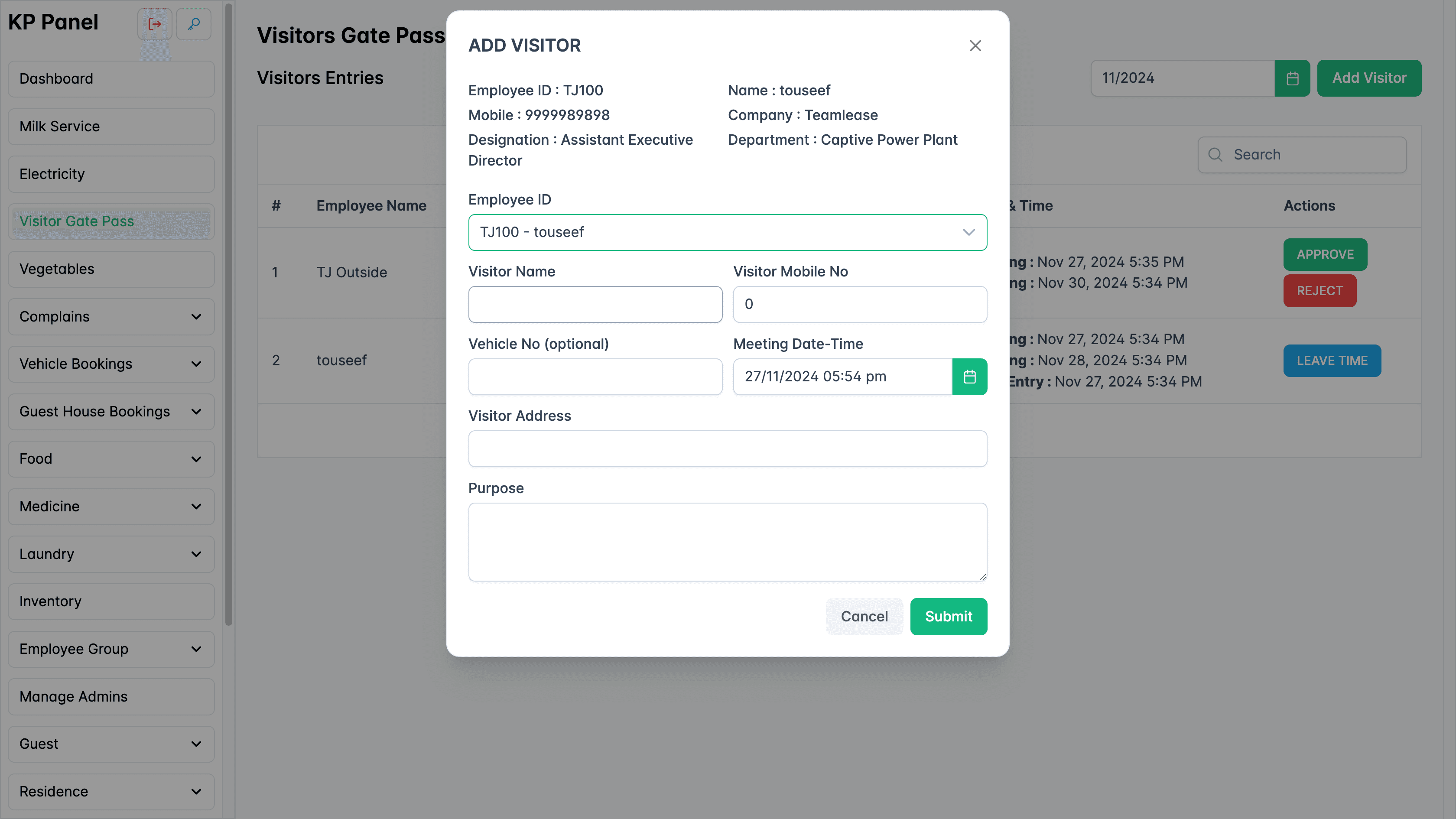 Add visitor form