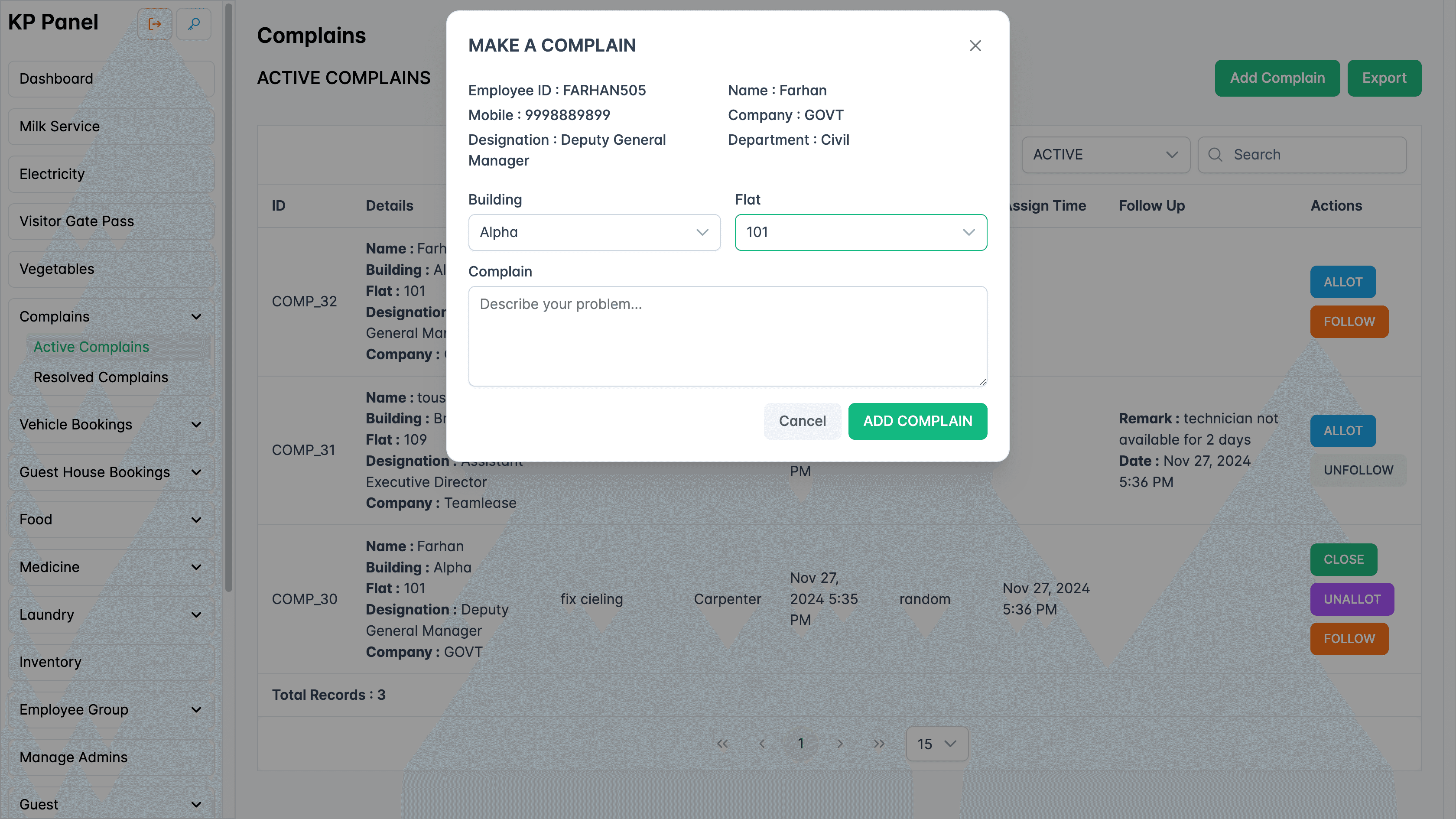 Add complain form