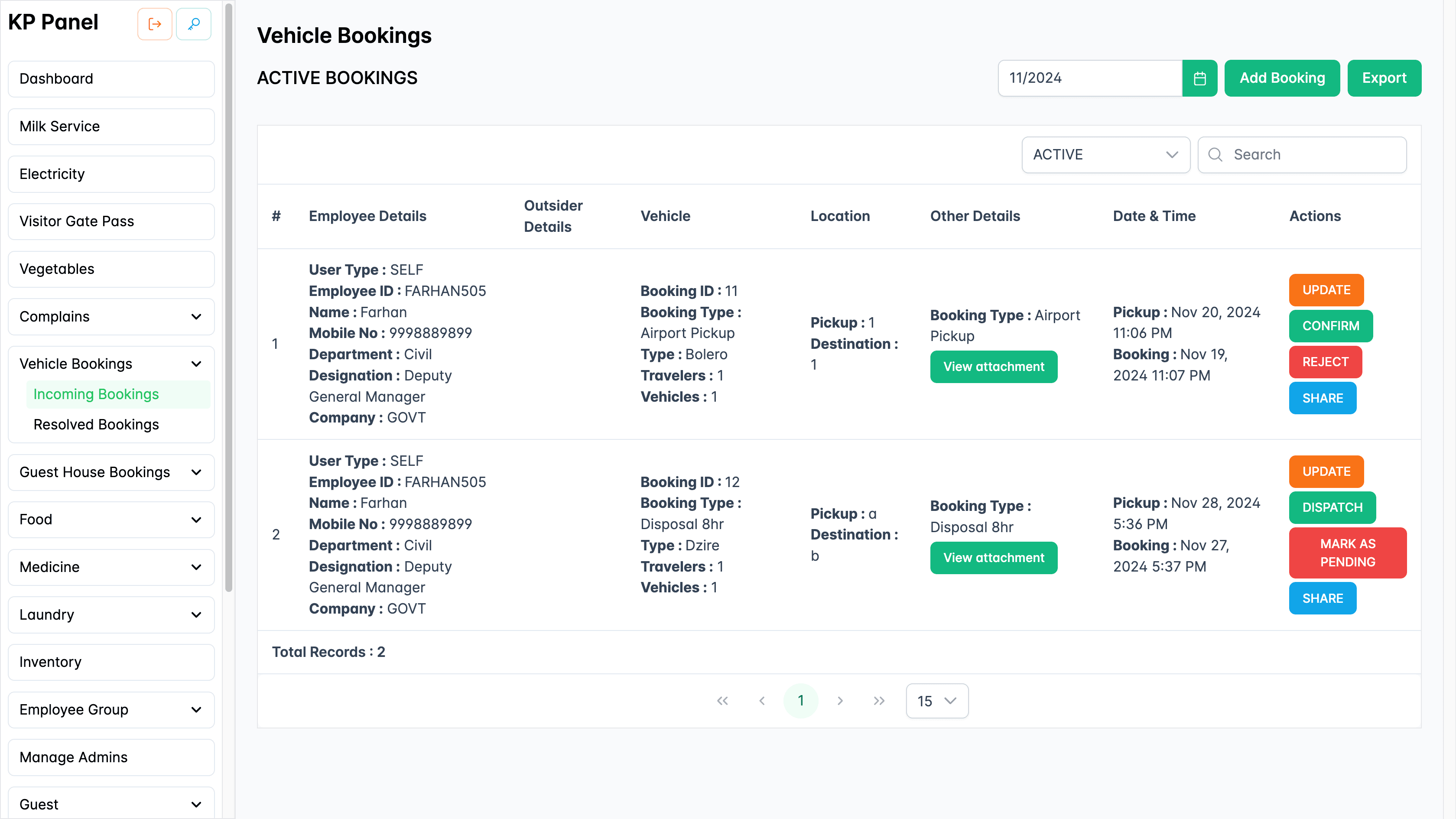 Incoming vehicle booking page