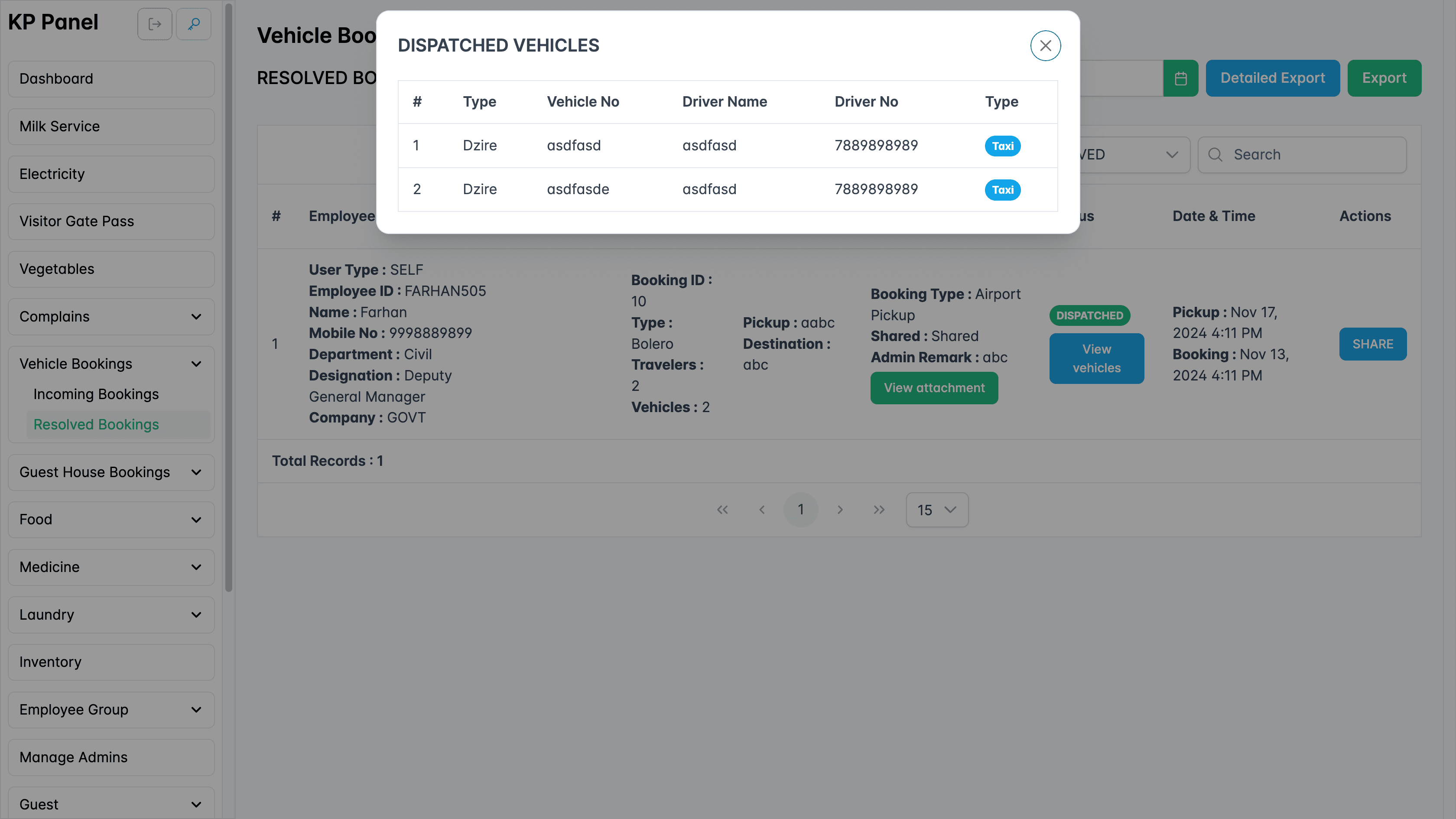 Dispatched vehicles in booking