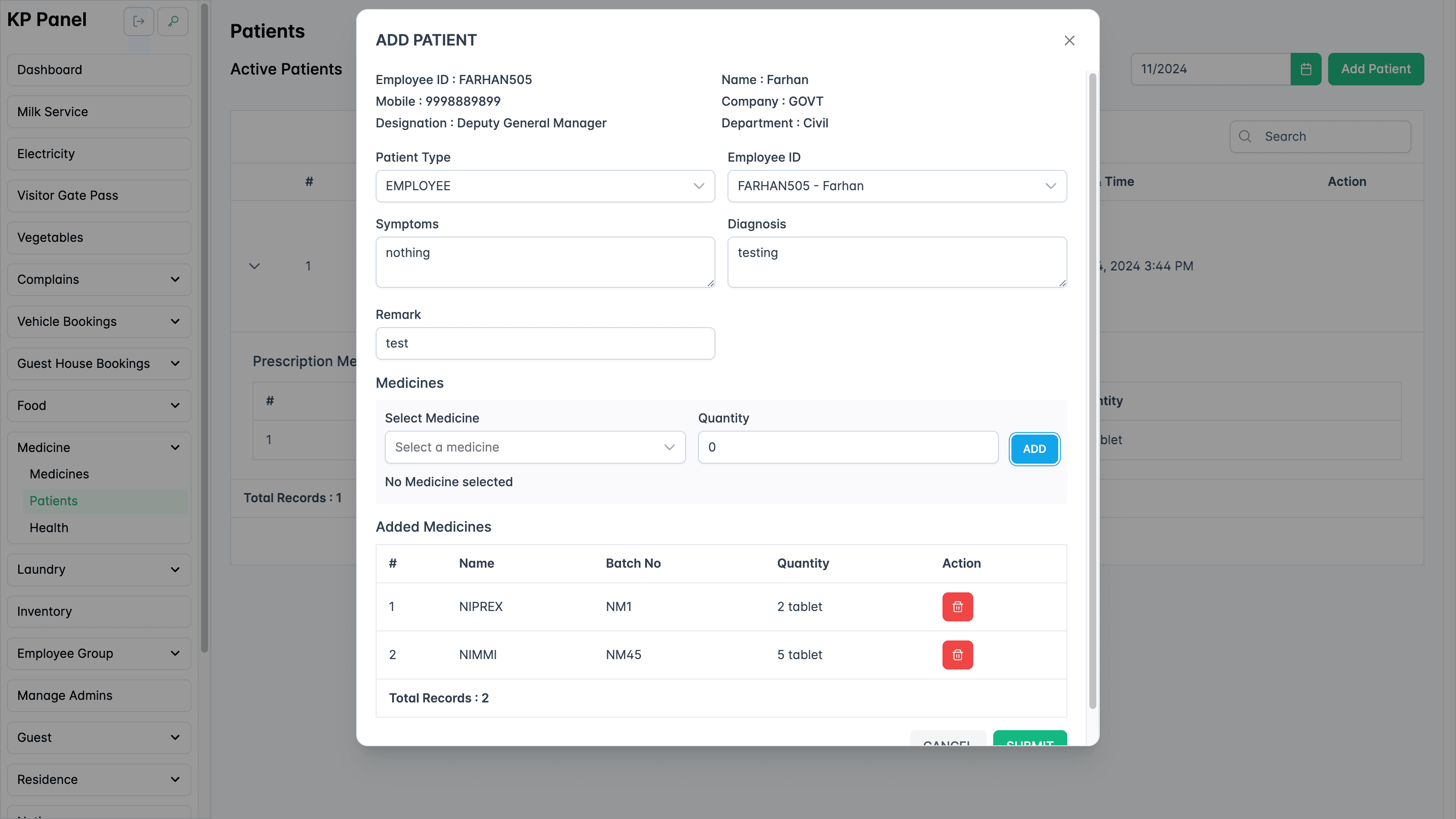 Add patient form