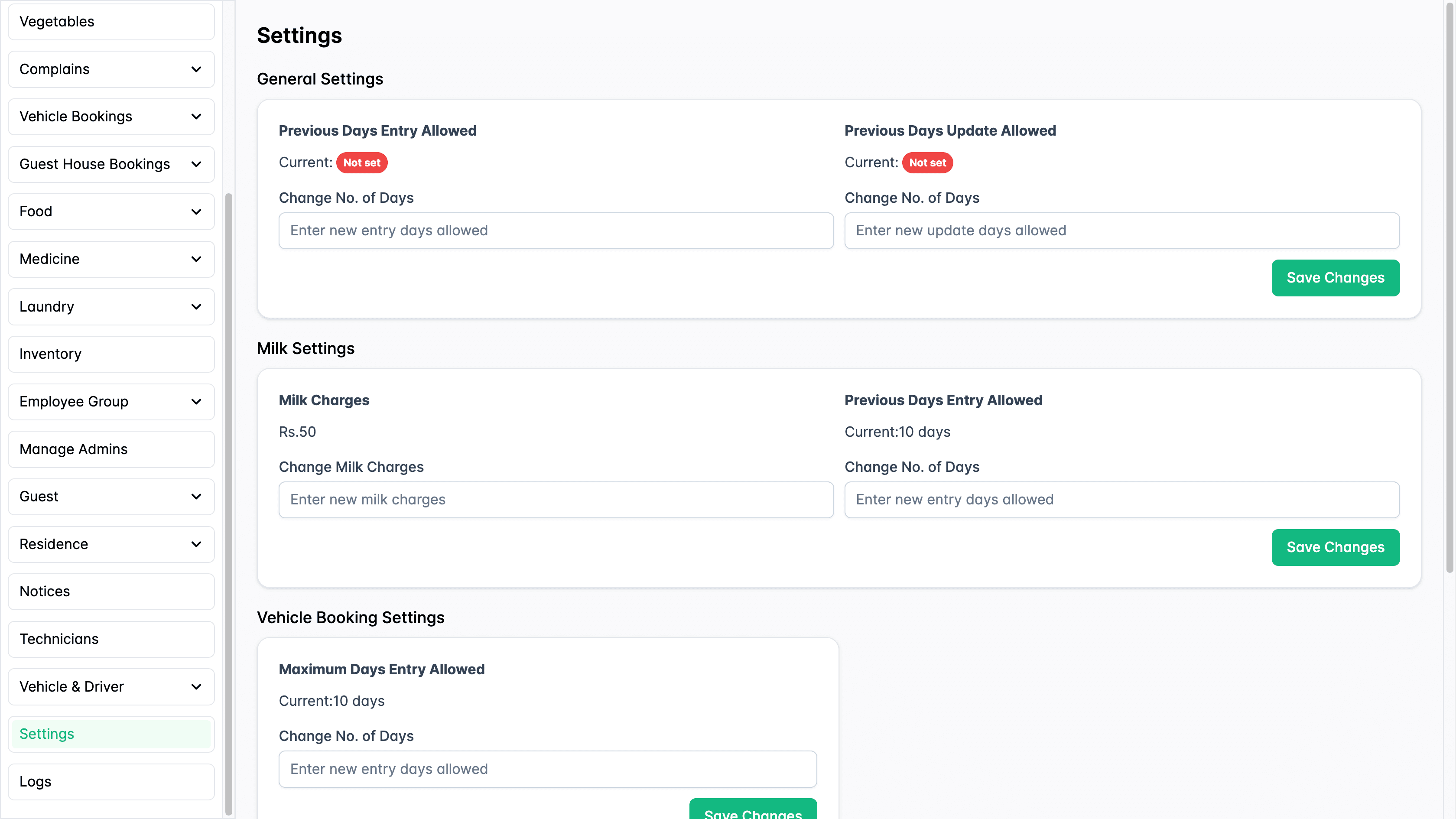 Settings page