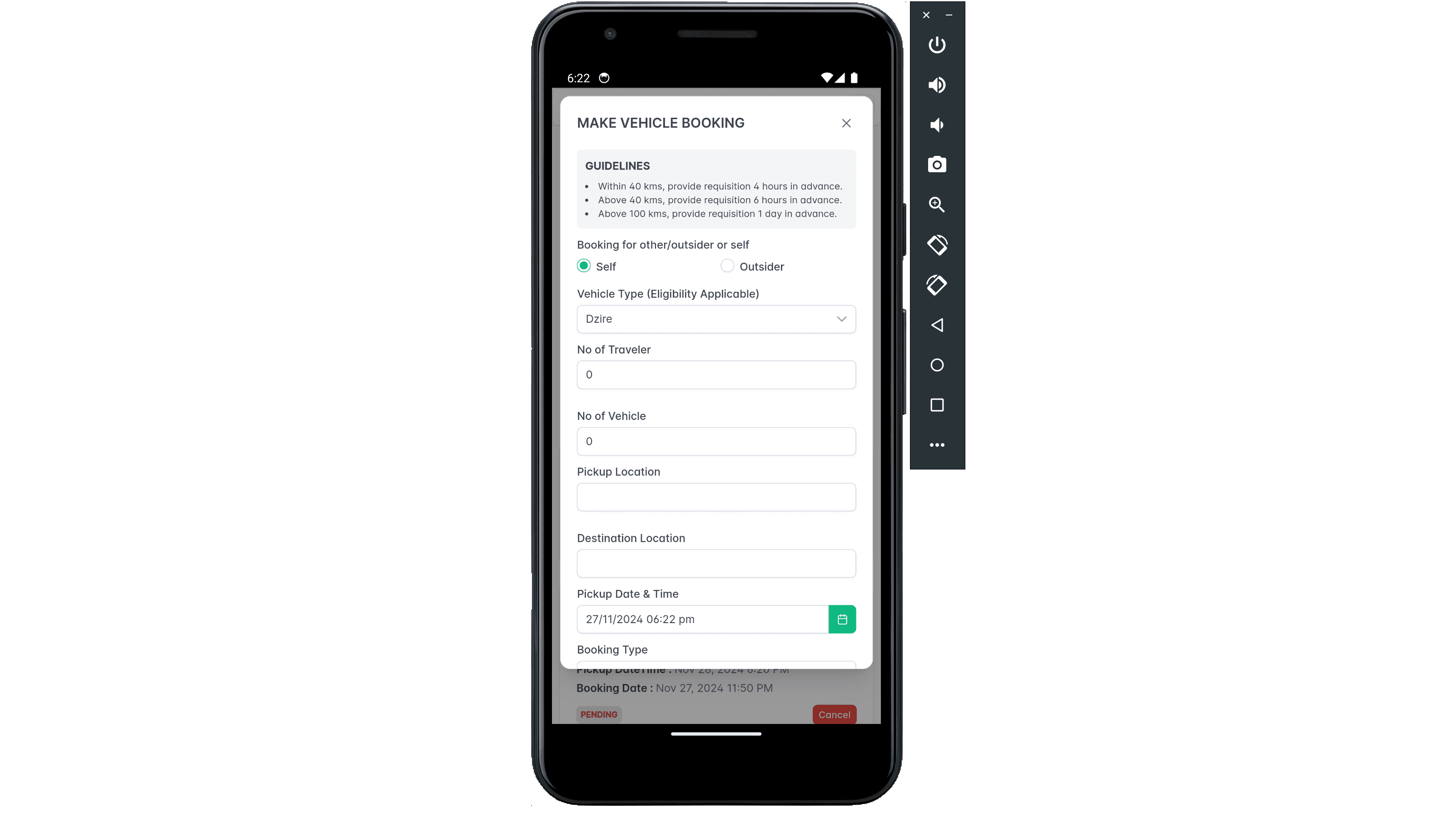 Vehicle booking form