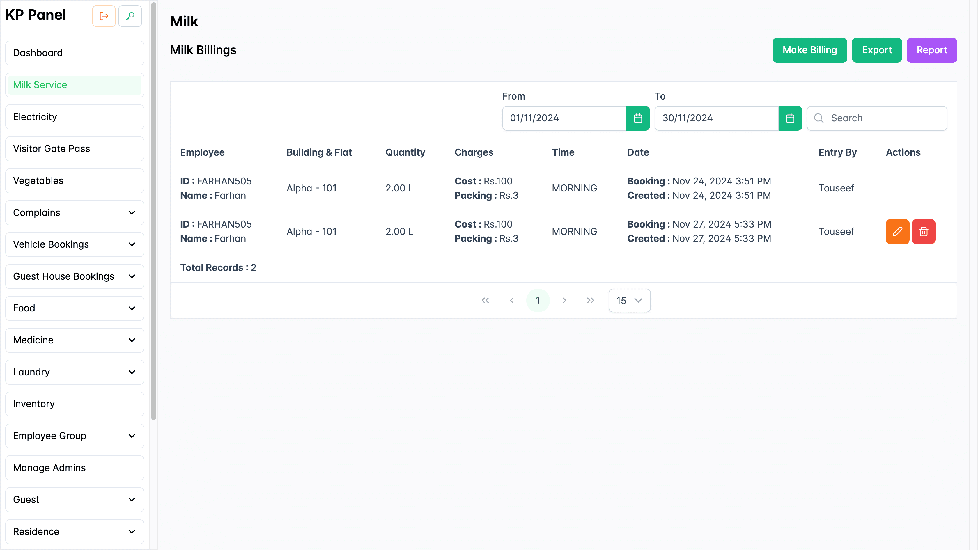 Milk billing page