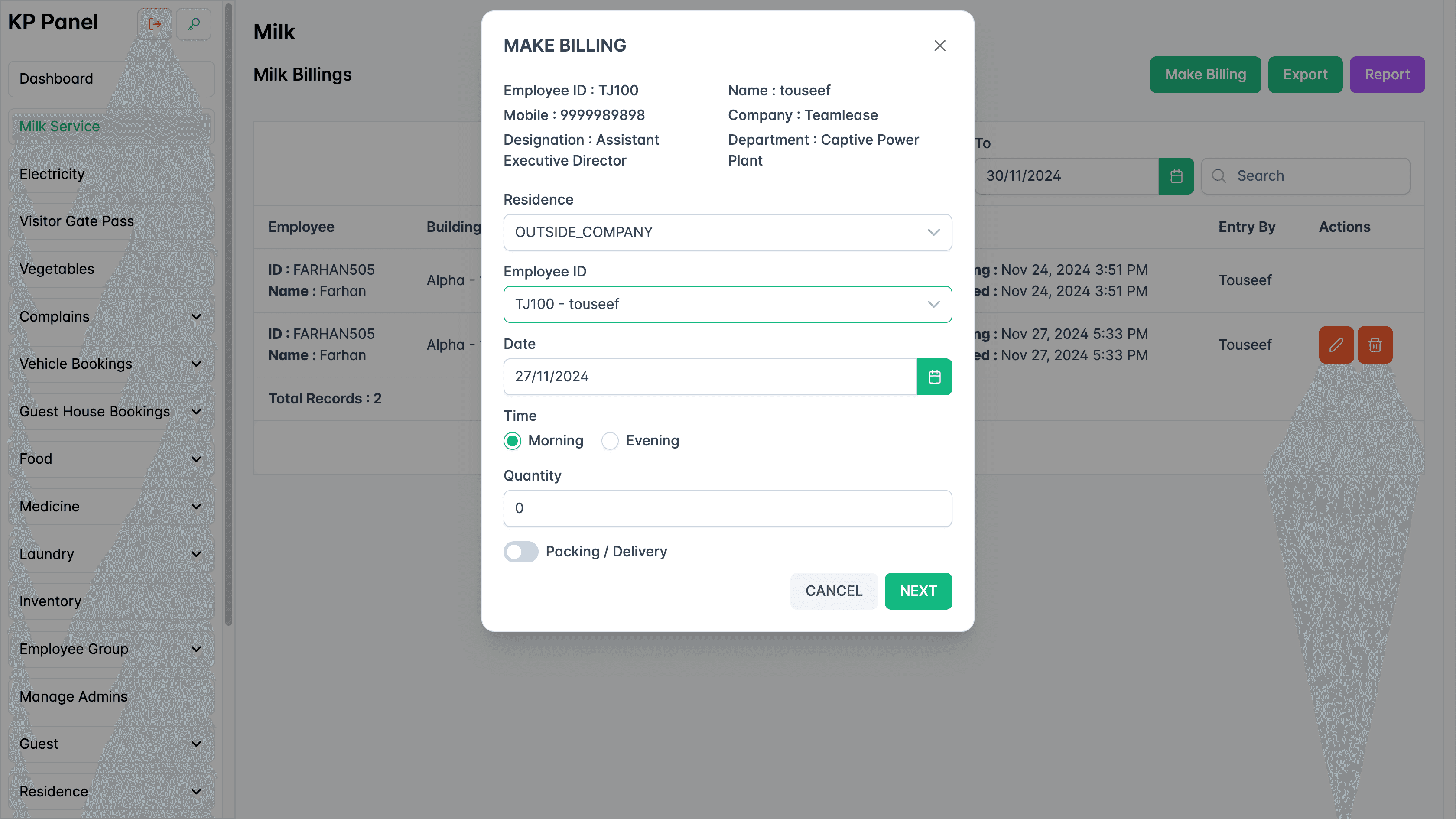 Milk billing form