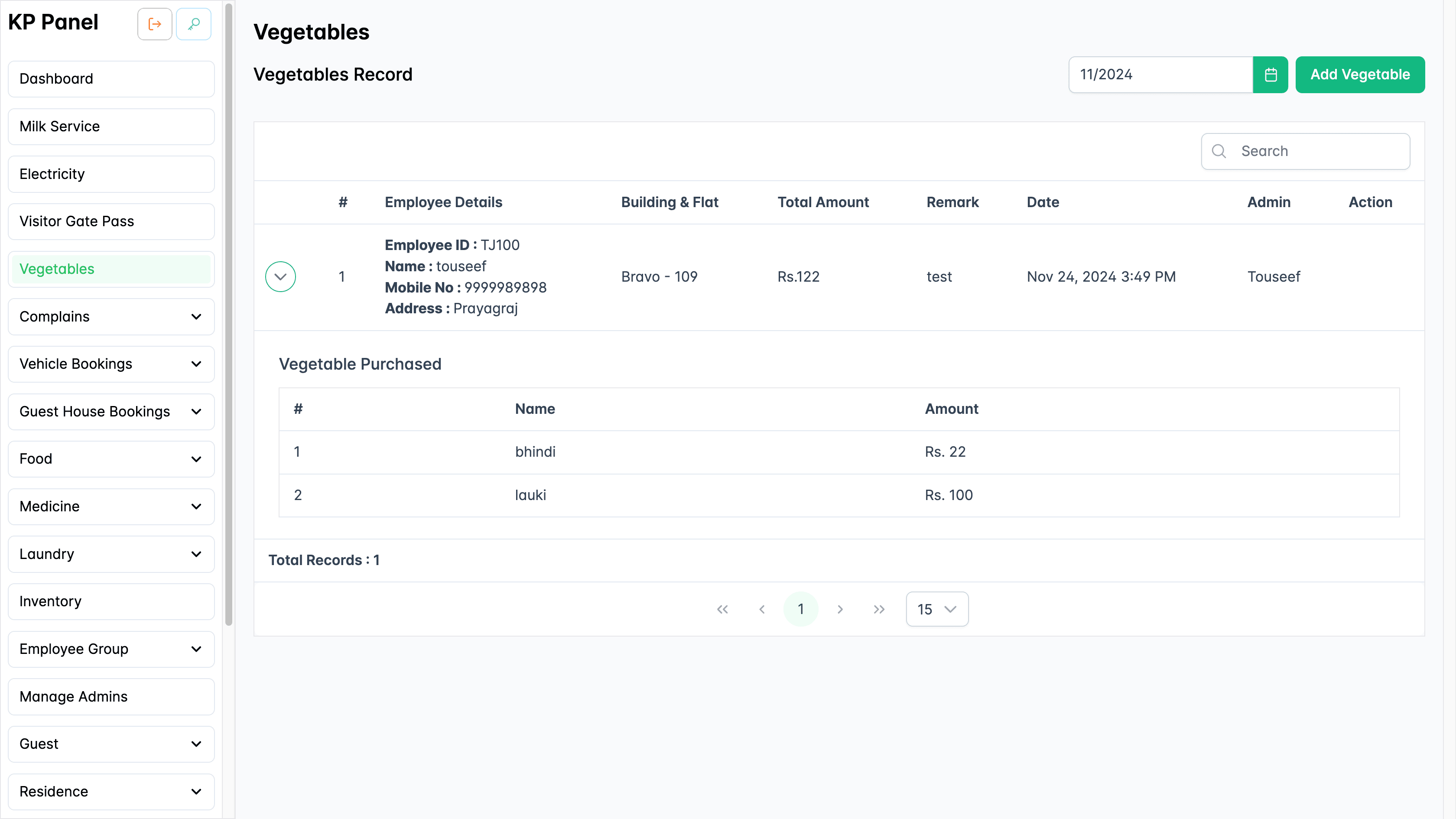 Vegetable orders page