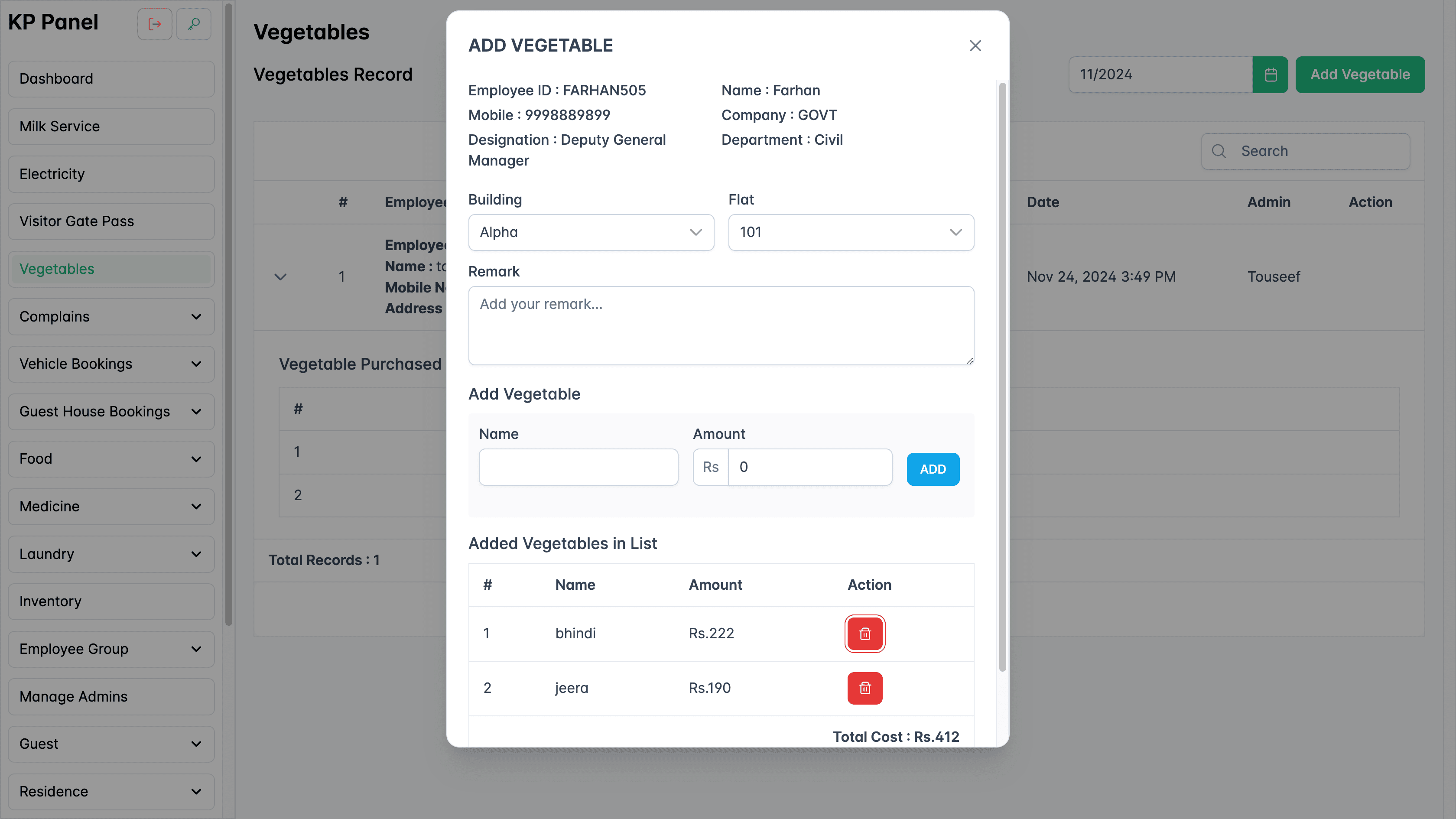 Add vegetable order form