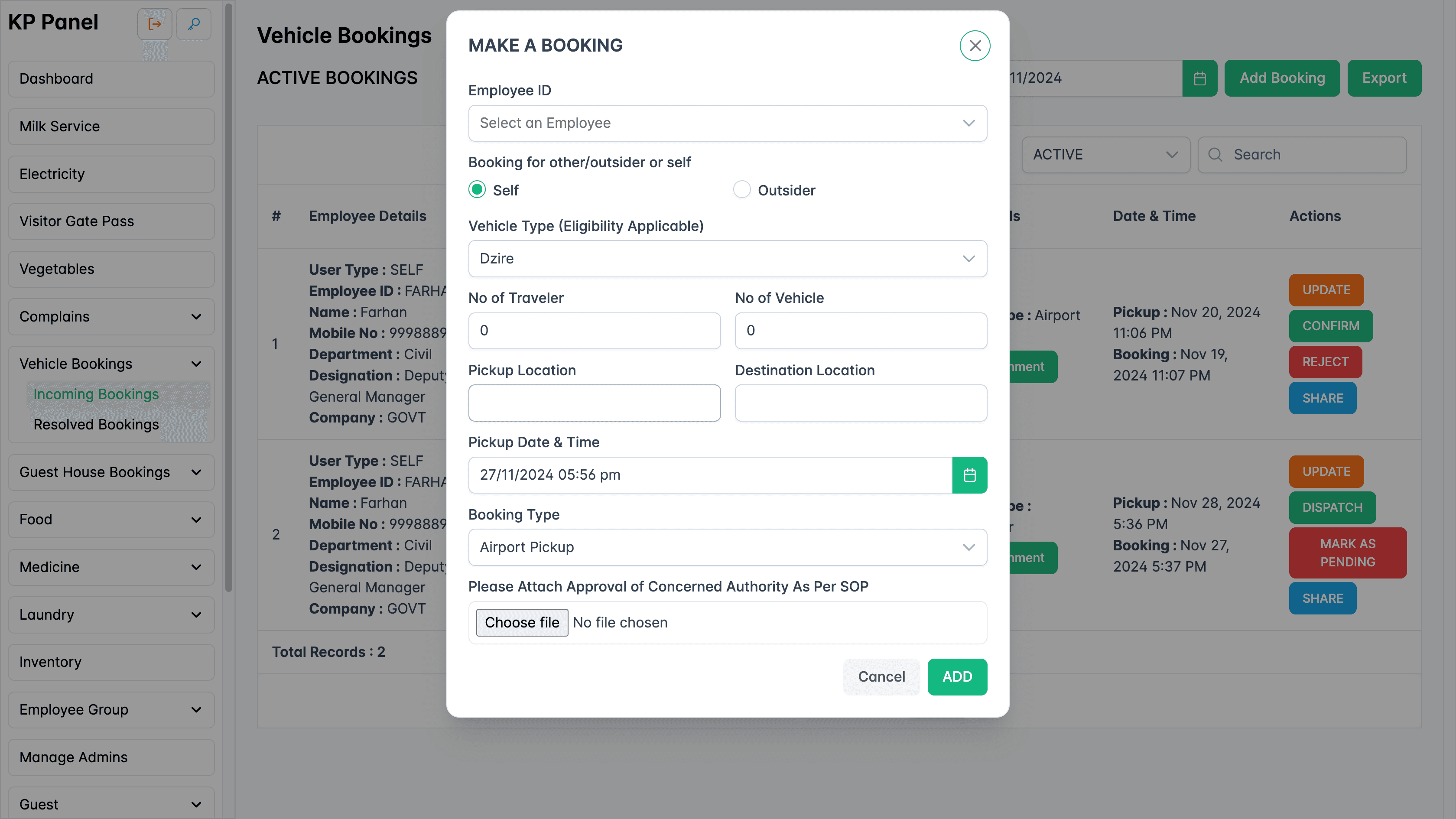 Add vehicle booking form