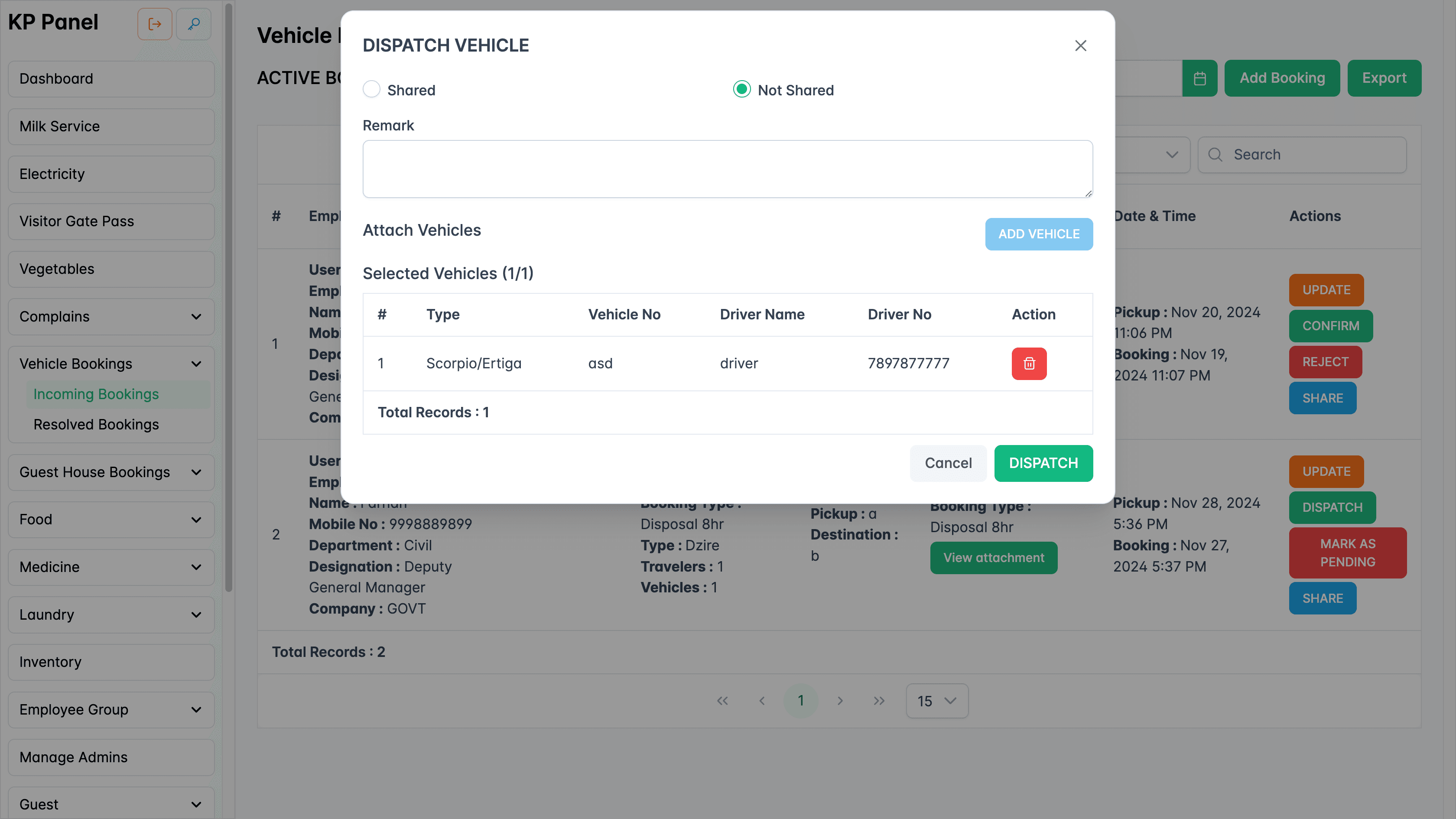 Dispatch vehicle booking form