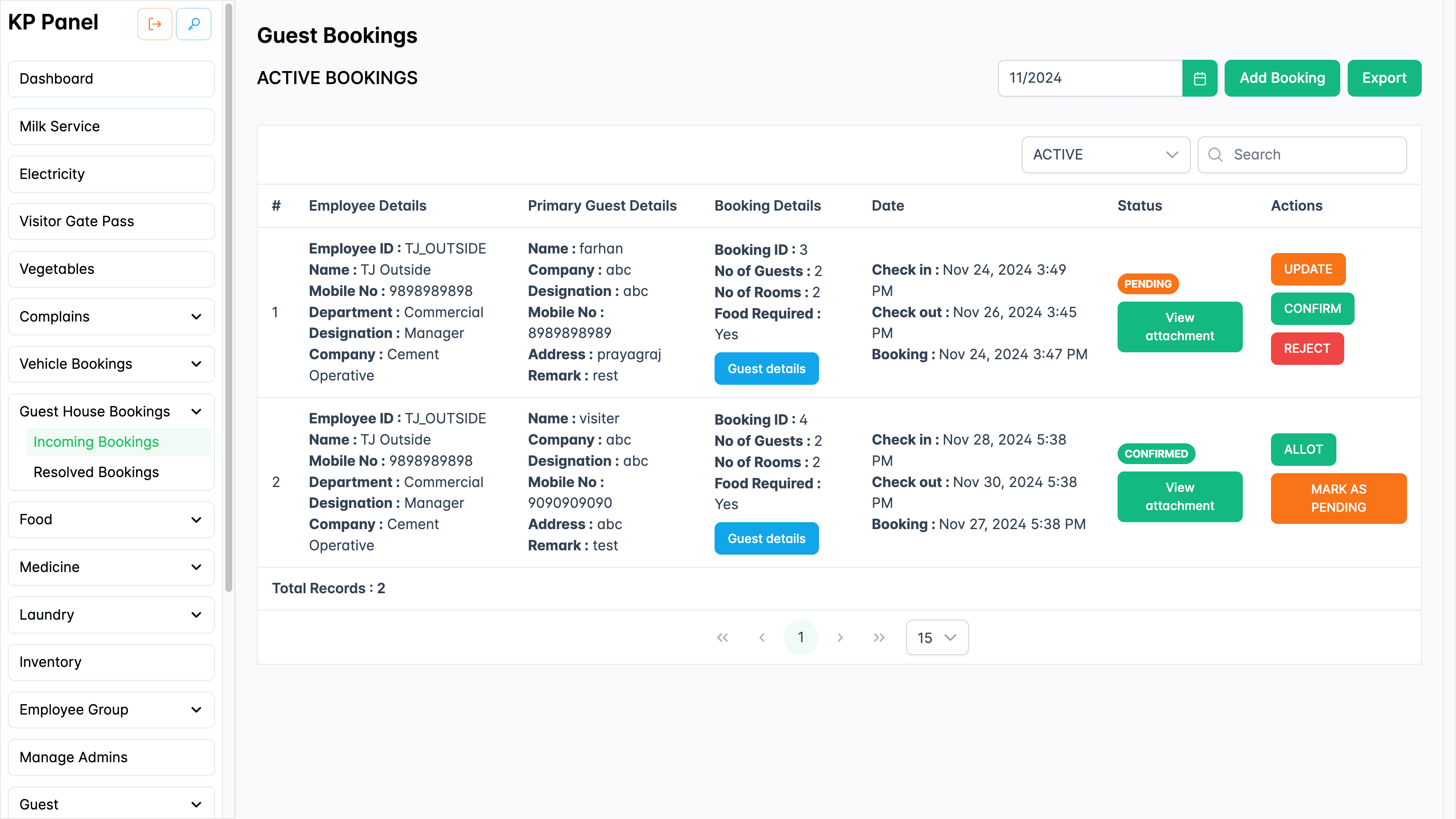 Incoming guest house booking page