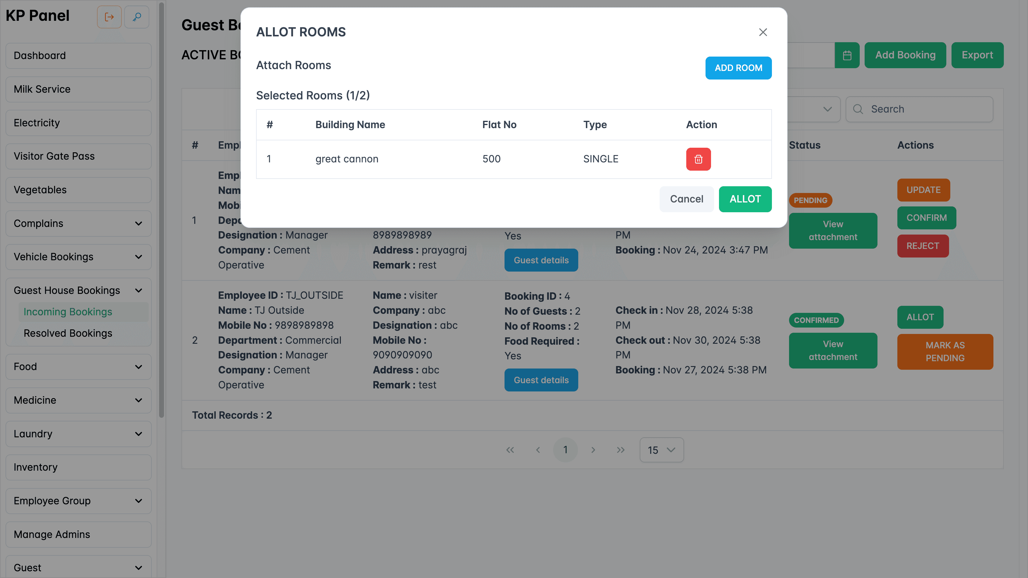 Allot rooms to bookings