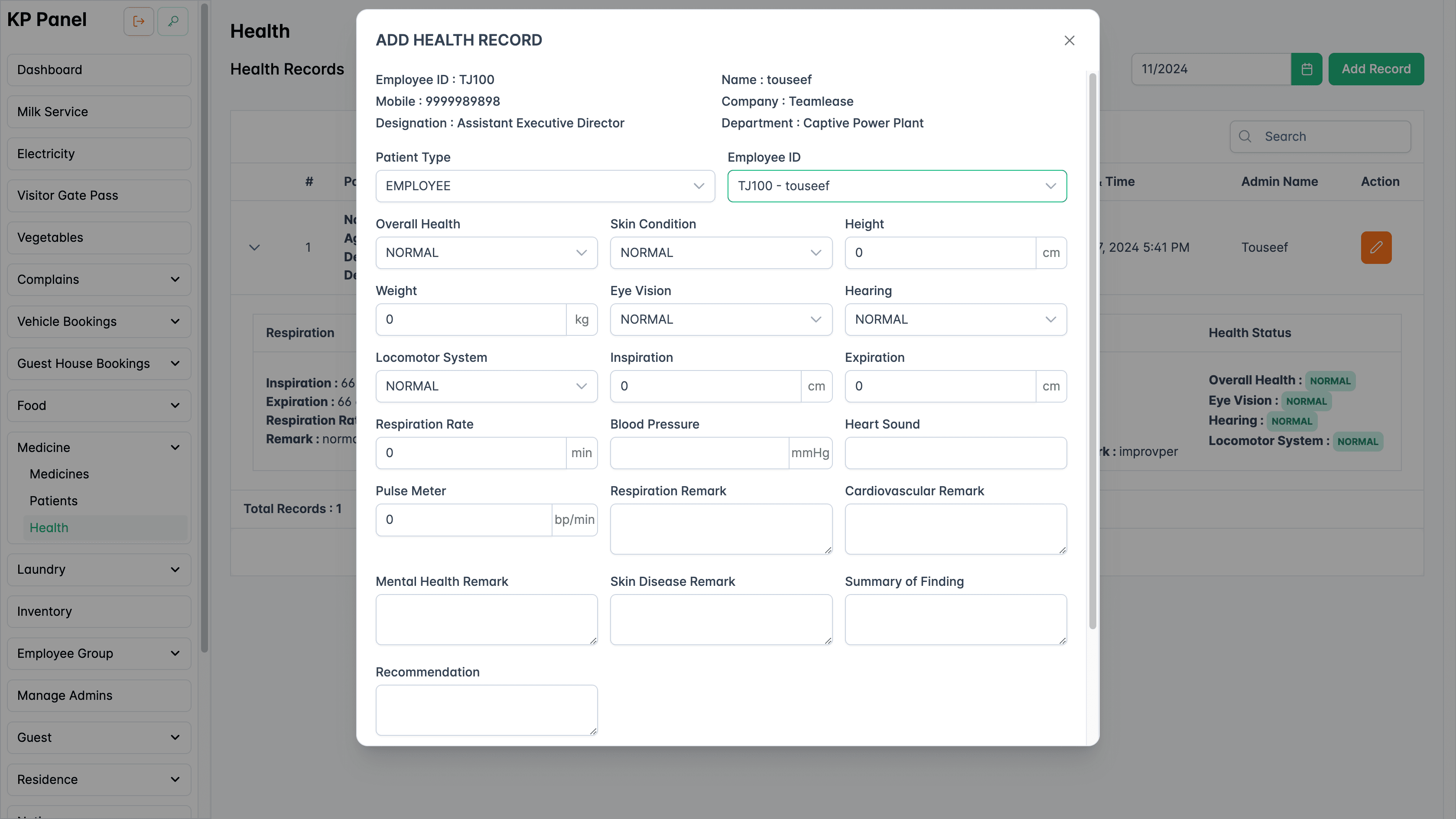Add health record form