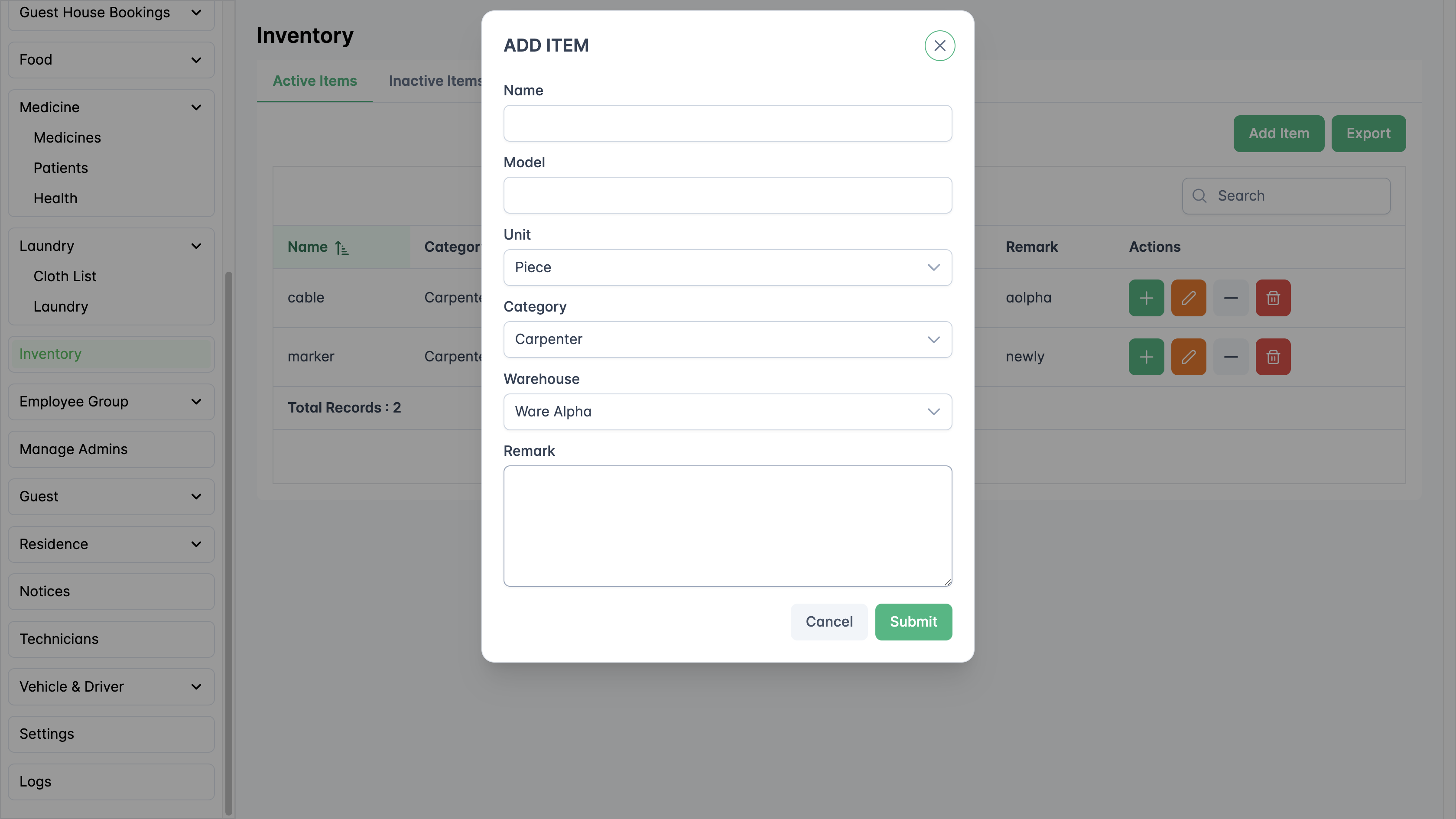 Add inventory item form