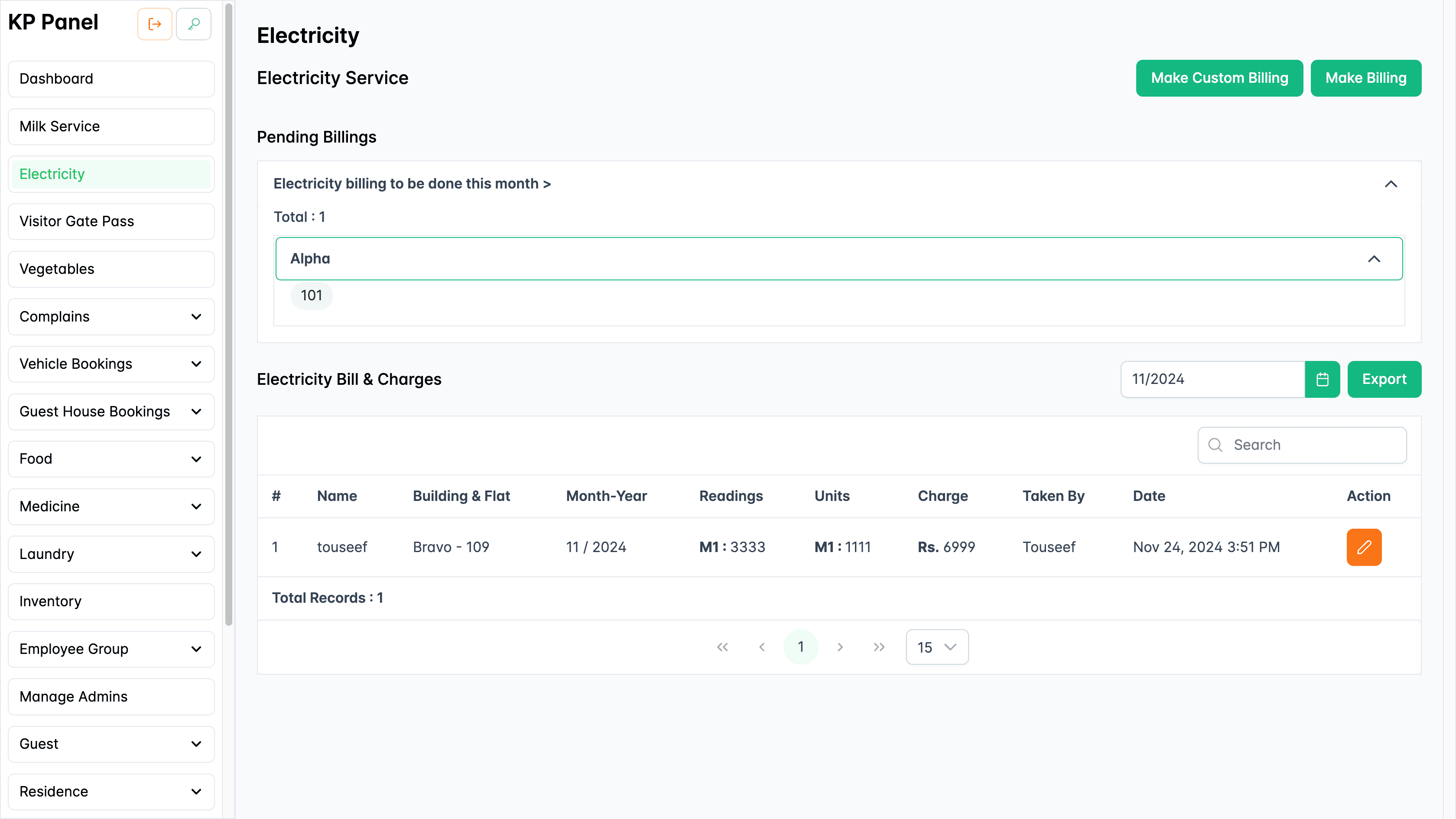 Electricity billing page