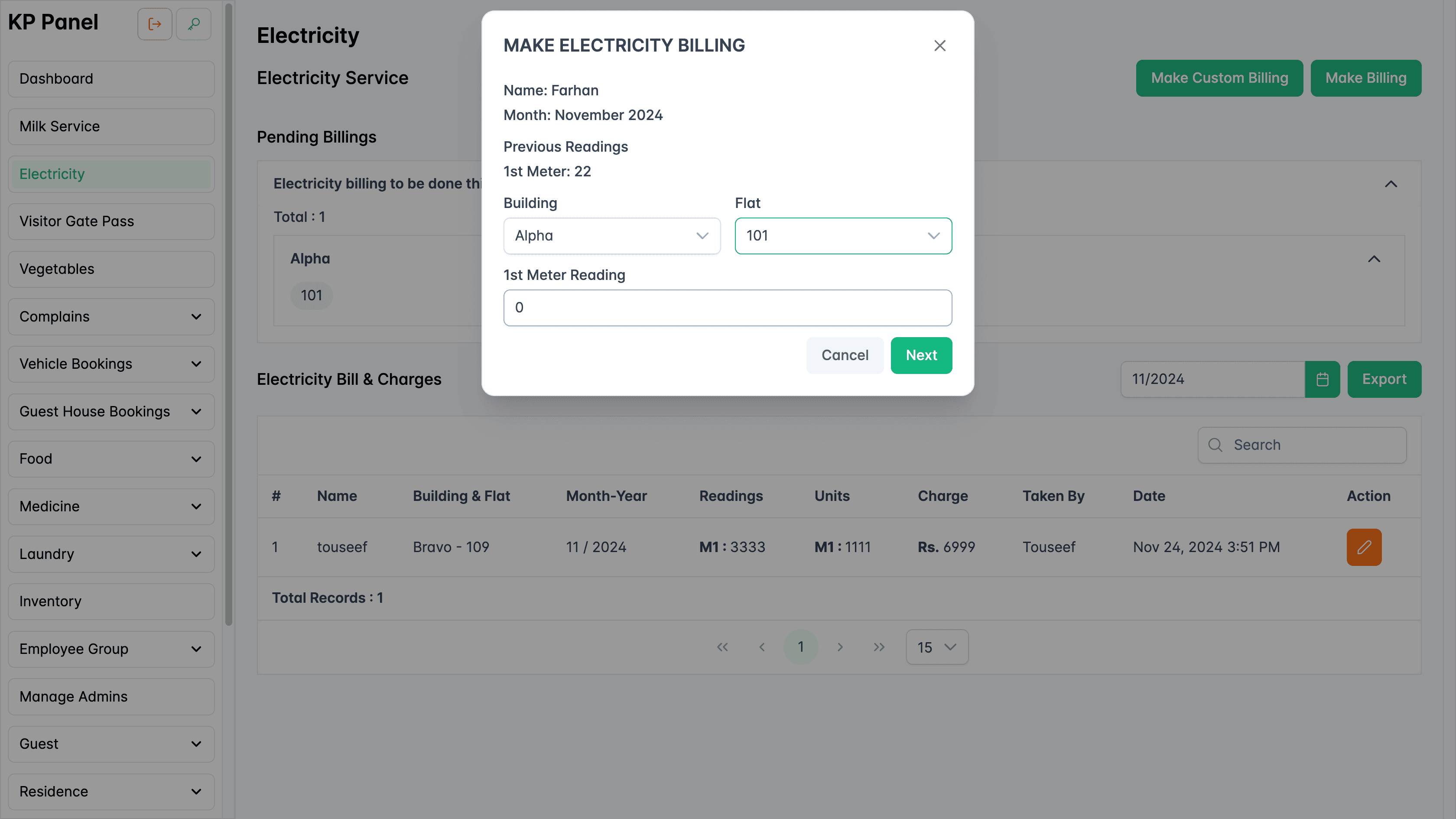 Electricity billing form